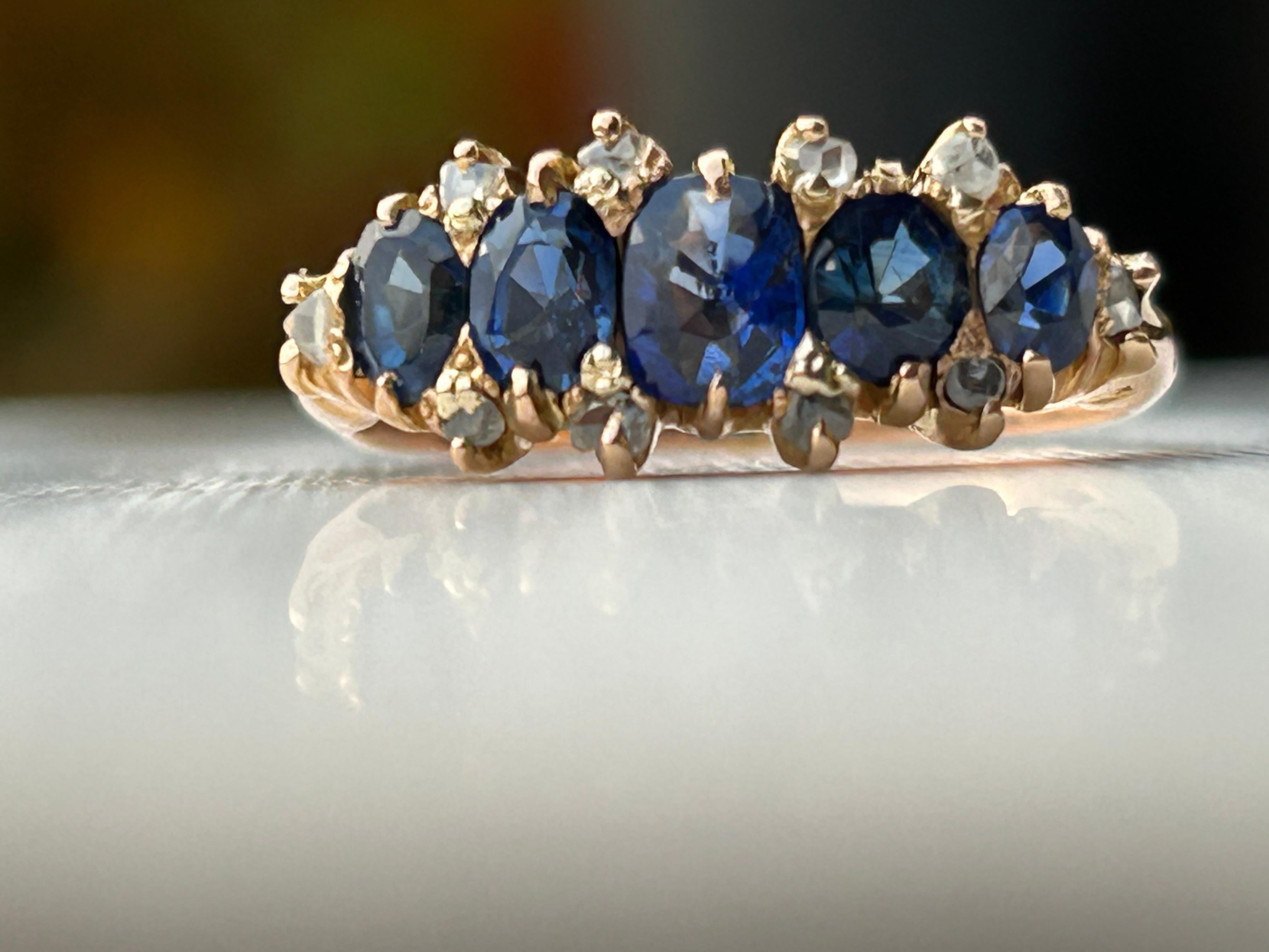 Victorian Five Stone No Heat Sapphire 1.6 ctw, Diamond Ring 18k rose gold.  In Good Condition For Sale In Joelton, TN