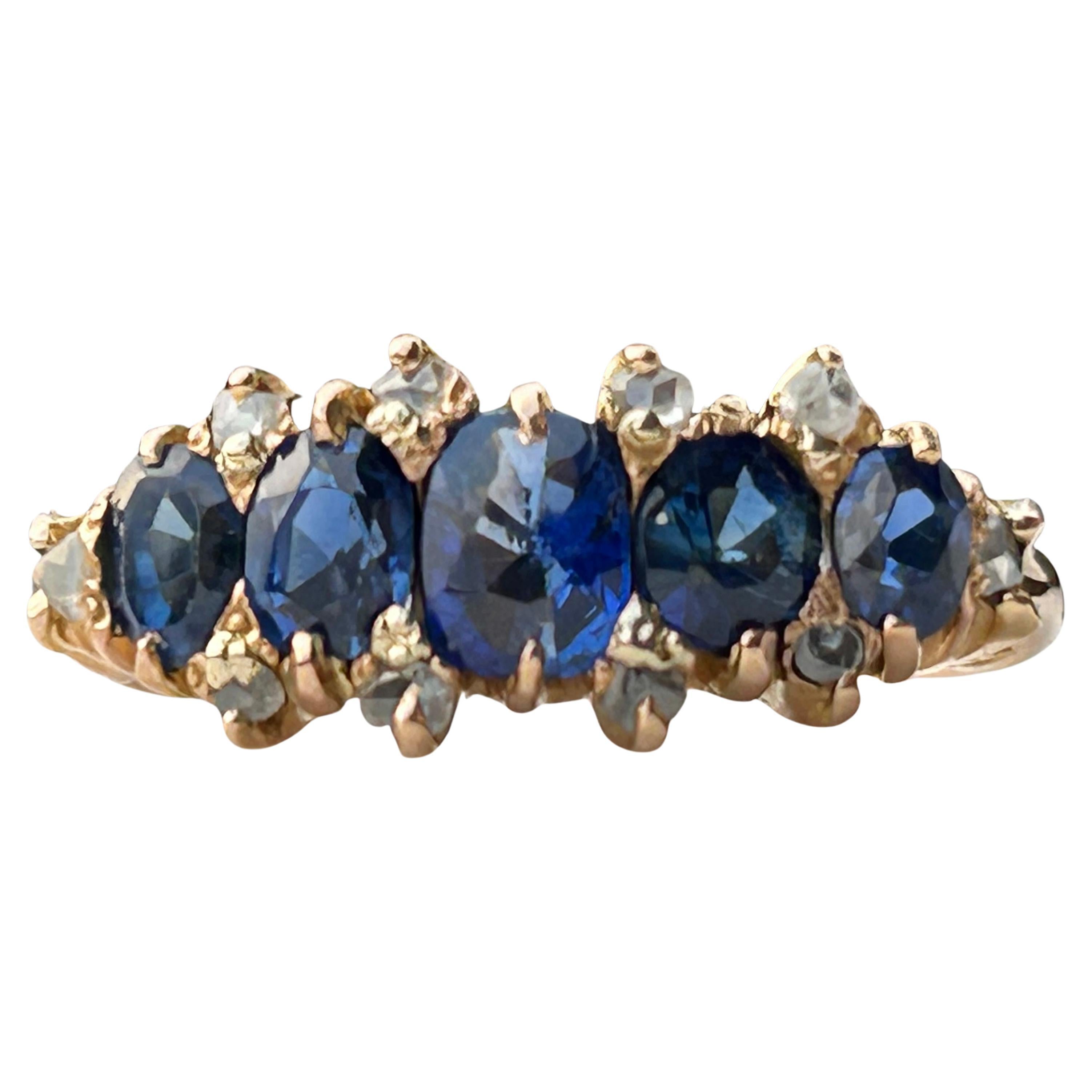 Victorian Five Stone No Heat Sapphire 1.6 ctw, Diamond Ring 18k rose gold.  For Sale
