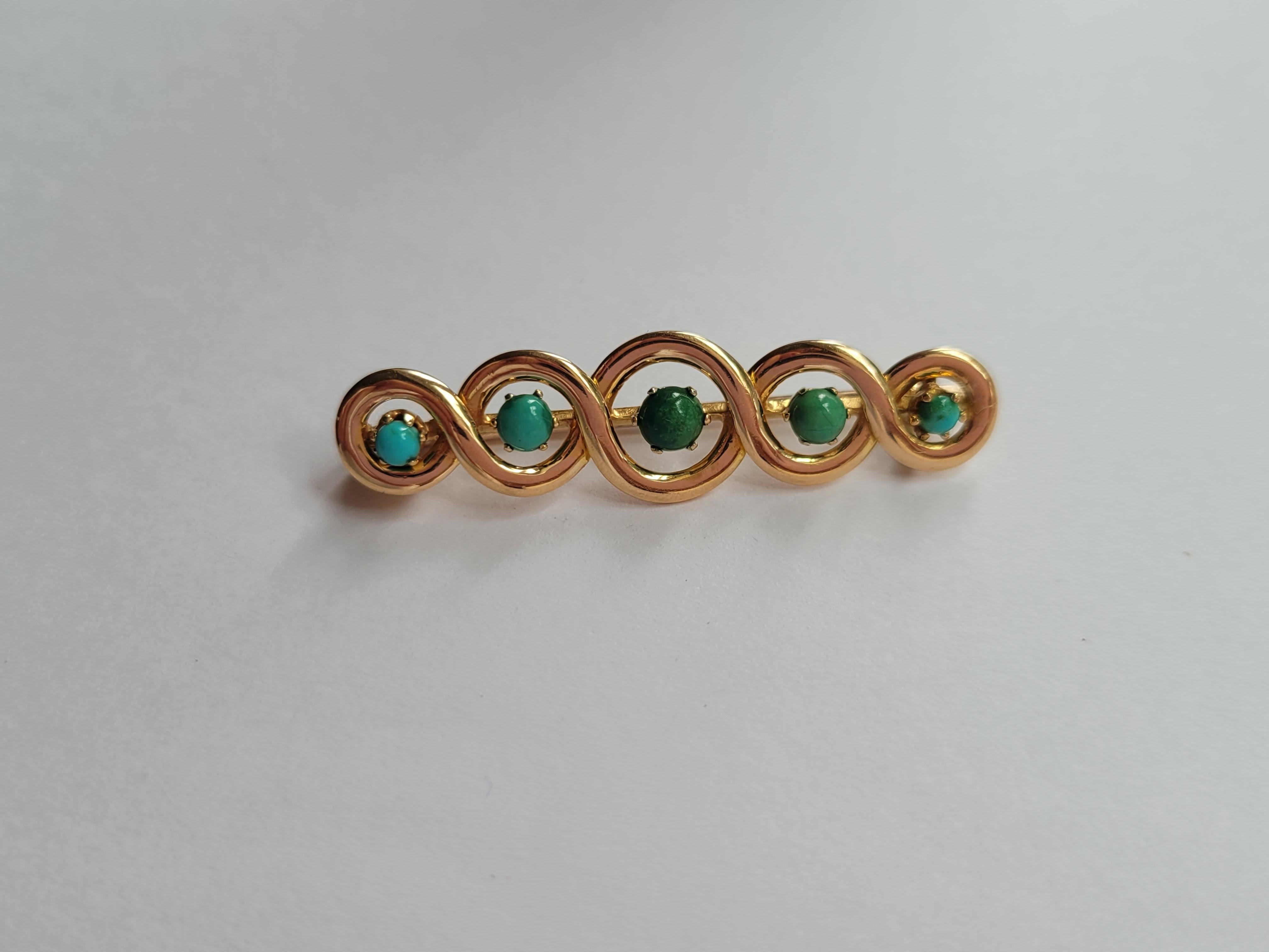 Late Victorian Victorian Five Turquoise Gold bar brooch For Sale