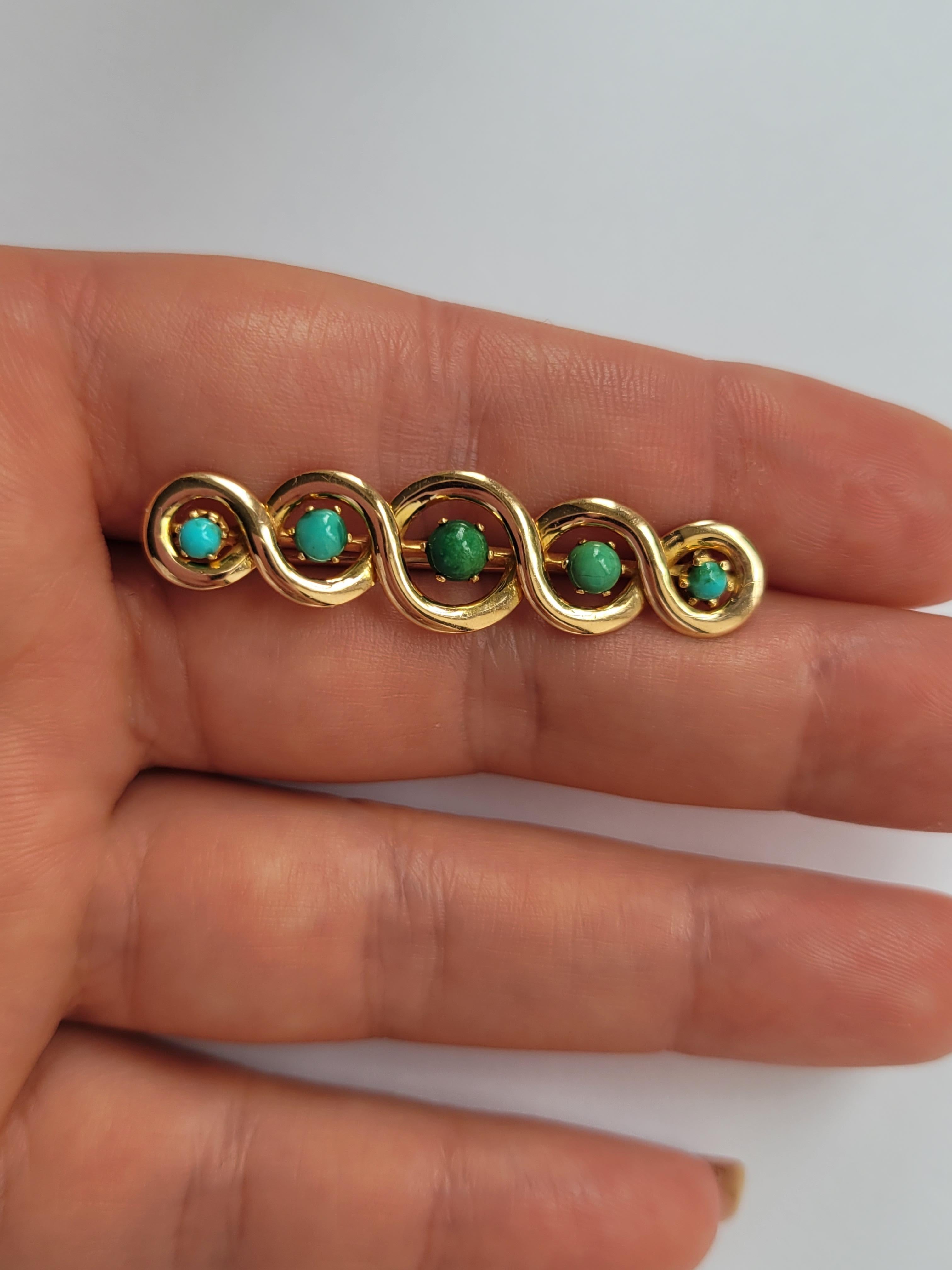 Cabochon Victorian Five Turquoise Gold bar brooch For Sale