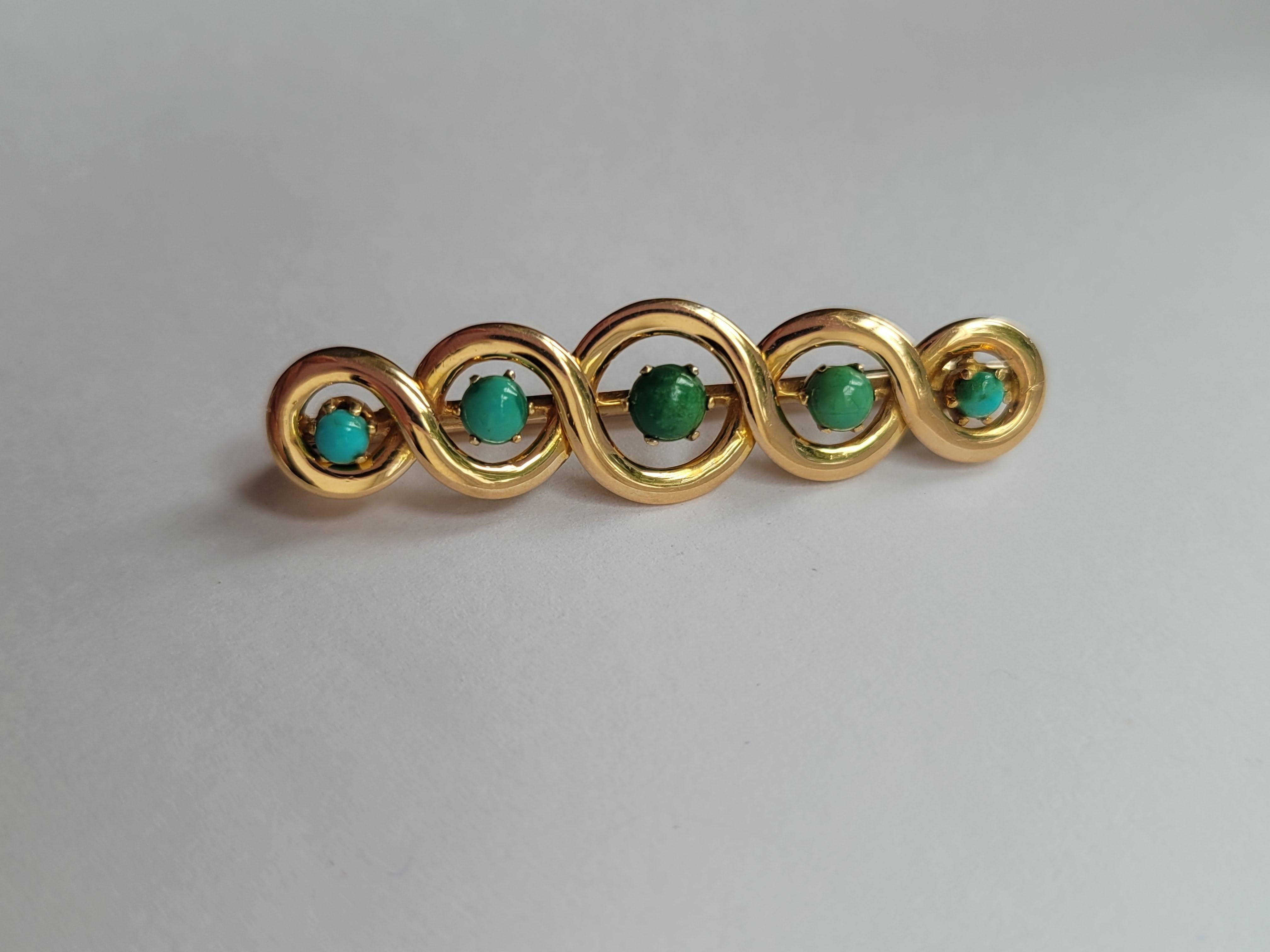 Victorian Five Turquoise Gold bar brooch For Sale 2