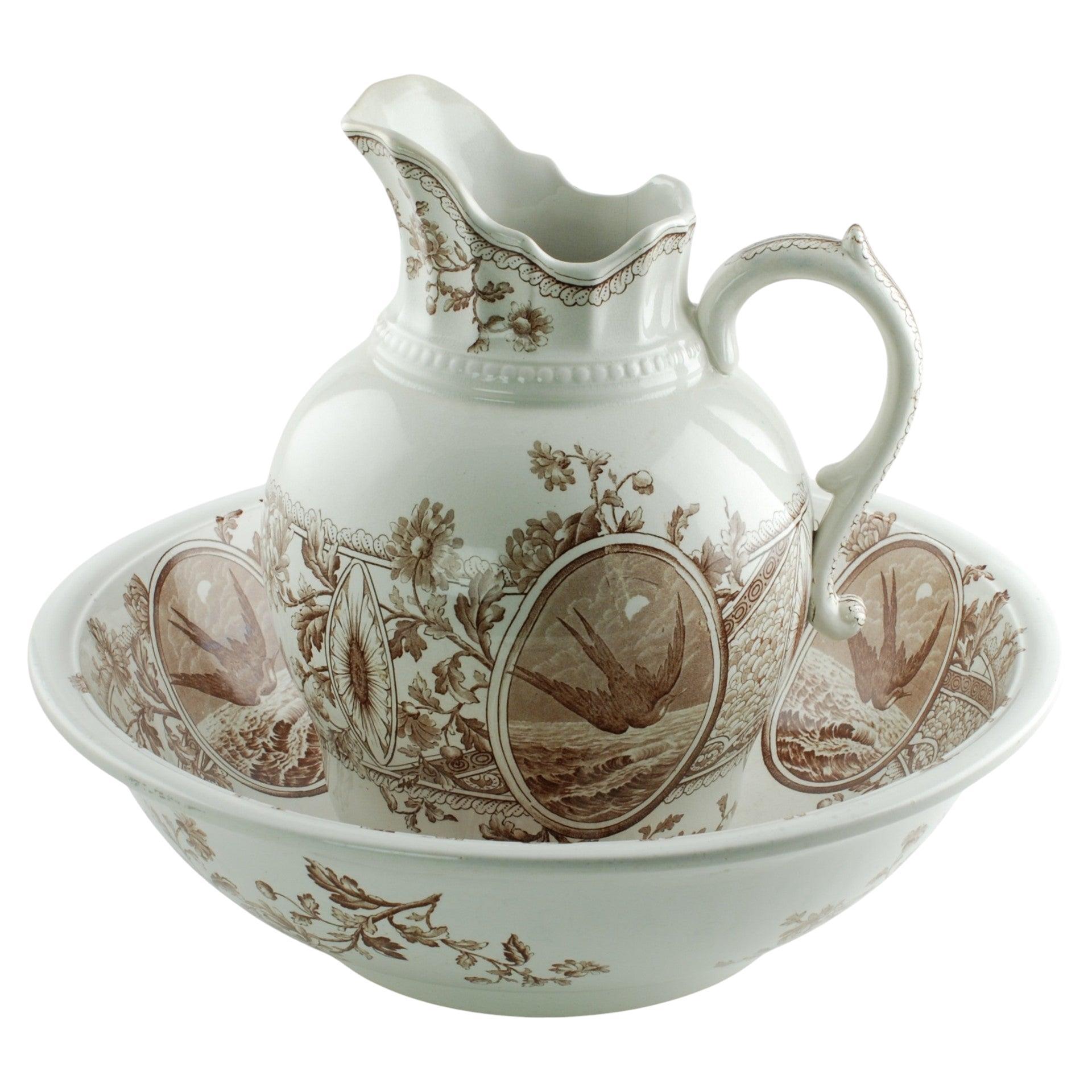 Victorian FJ Emery Brown Transferware Sussex Pattern Pitcher and 16" Basin