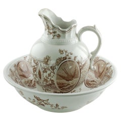 Victorian FJ Emery Brown Transferware Sussex Pattern Pitcher and 16" Basin