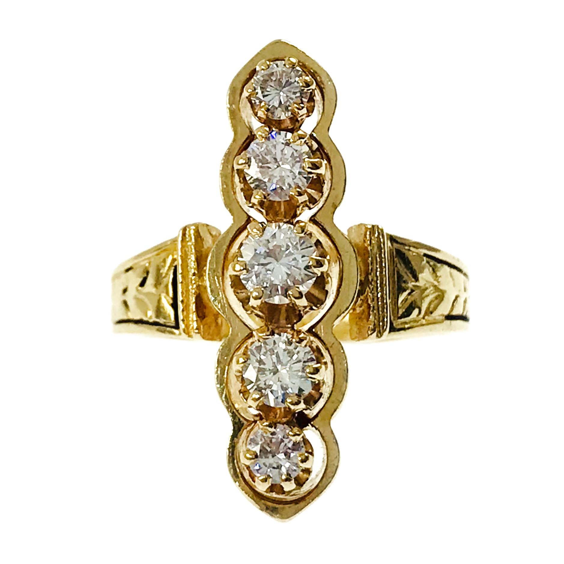 14 Karat Yellow Gold Vertical Five-Diamond Ring. Five graduated diamonds are set vertically in this sensational Victorian ring, diamond sizes range from 3.76mm to 3.00mm for a weight of 0.70ct. Diamonds are set in a 