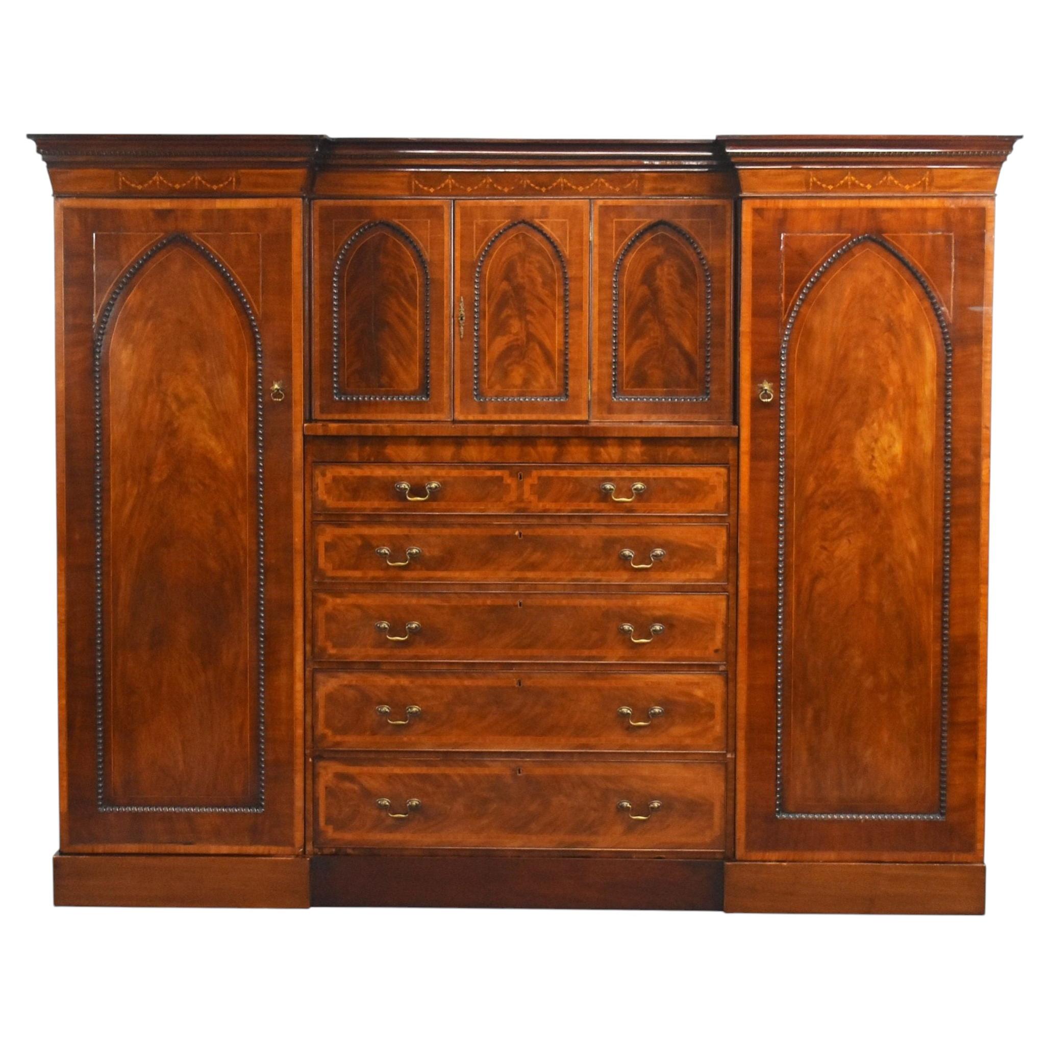 Victorian Flame Mahogany Breakfront Triple Wardrobe For Sale