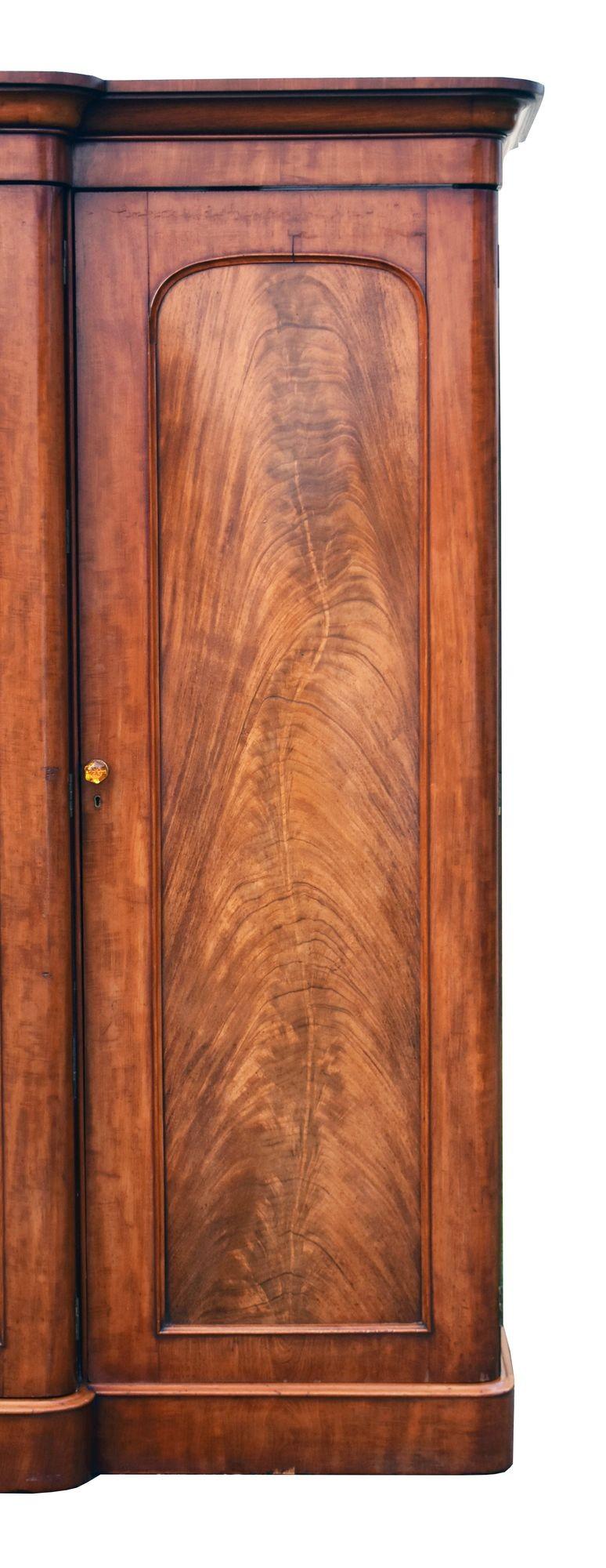 English Victorian Flame Mahogany Triple Wardrobe
