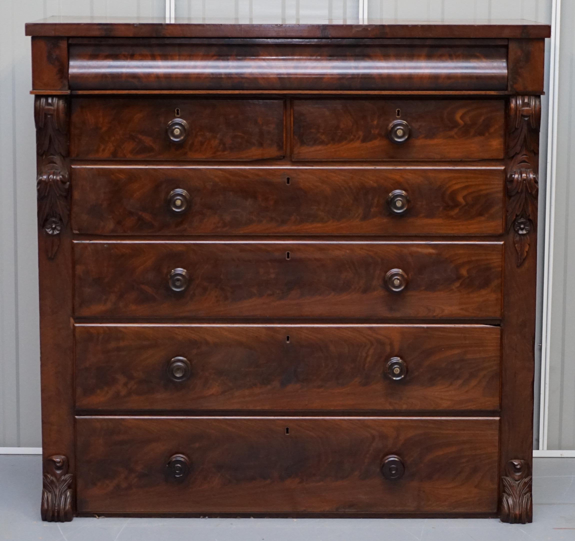 We are delighted to offer for sale this lovely large flamed mahogany English Victorian chest of drawers

A good large chest offering huge amounts of storage, you have four good sized drawer and one hidden underwear or smalls drawer to the