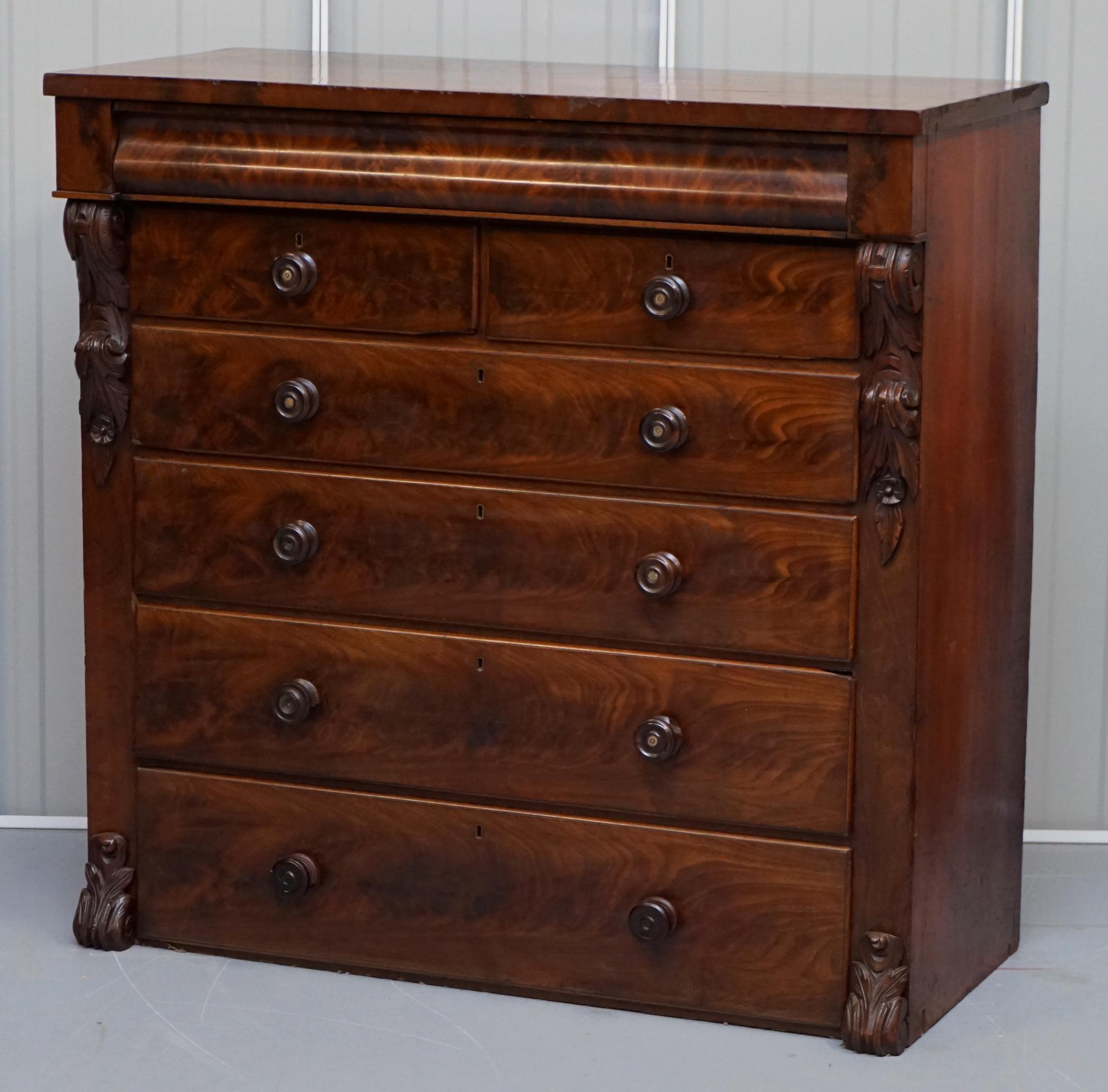 English Victorian Flamed Mahogany Chest of Drawers Large Substantial Storage Options