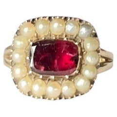 Victorian Flat Cut Garnet and Pearl 9 Carat Gold Cluster Ring