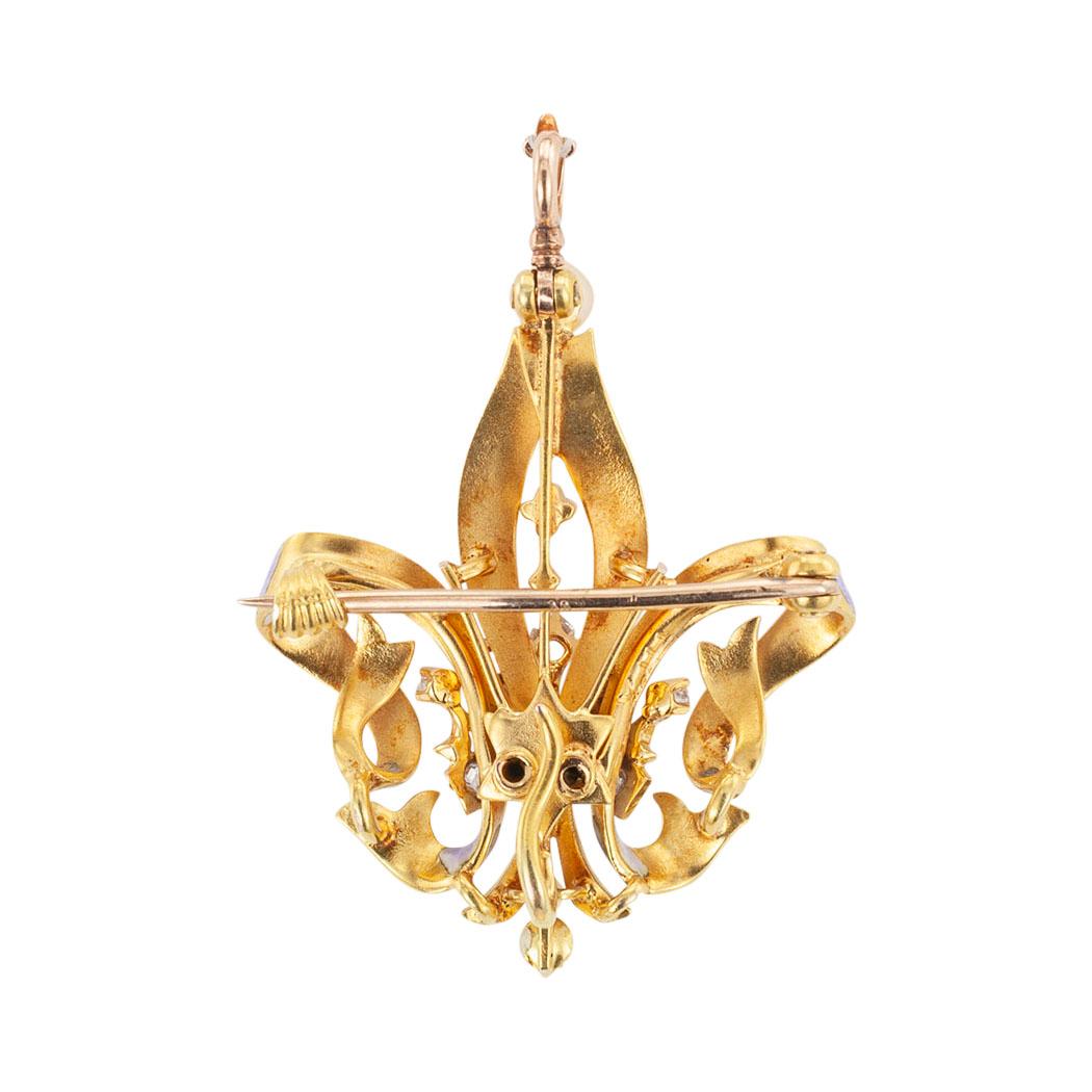 Old Mine Cut Victorian Fleur-de-Lis Crown Diamond Enamel Gold Brooch Pendant