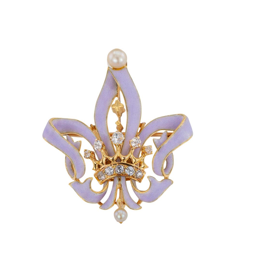 Women's Victorian Fleur-de-Lis Crown Diamond Enamel Gold Brooch Pendant