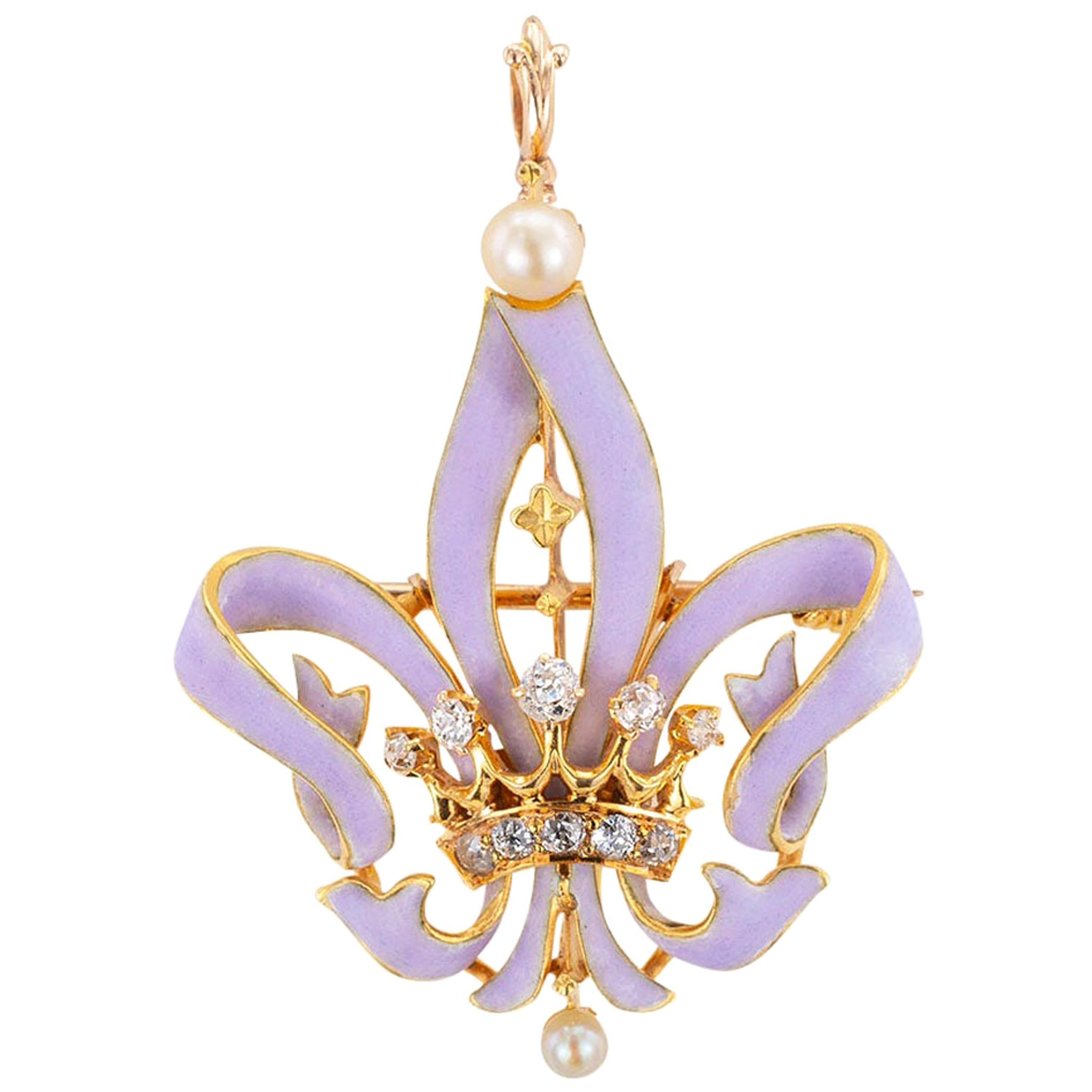 Victorian Fleur-de-Lis Crown Diamond Enamel Gold Brooch Pendant