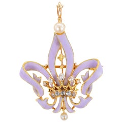 Antique Victorian Fleur-de-Lis Crown Diamond Enamel Gold Brooch Pendant