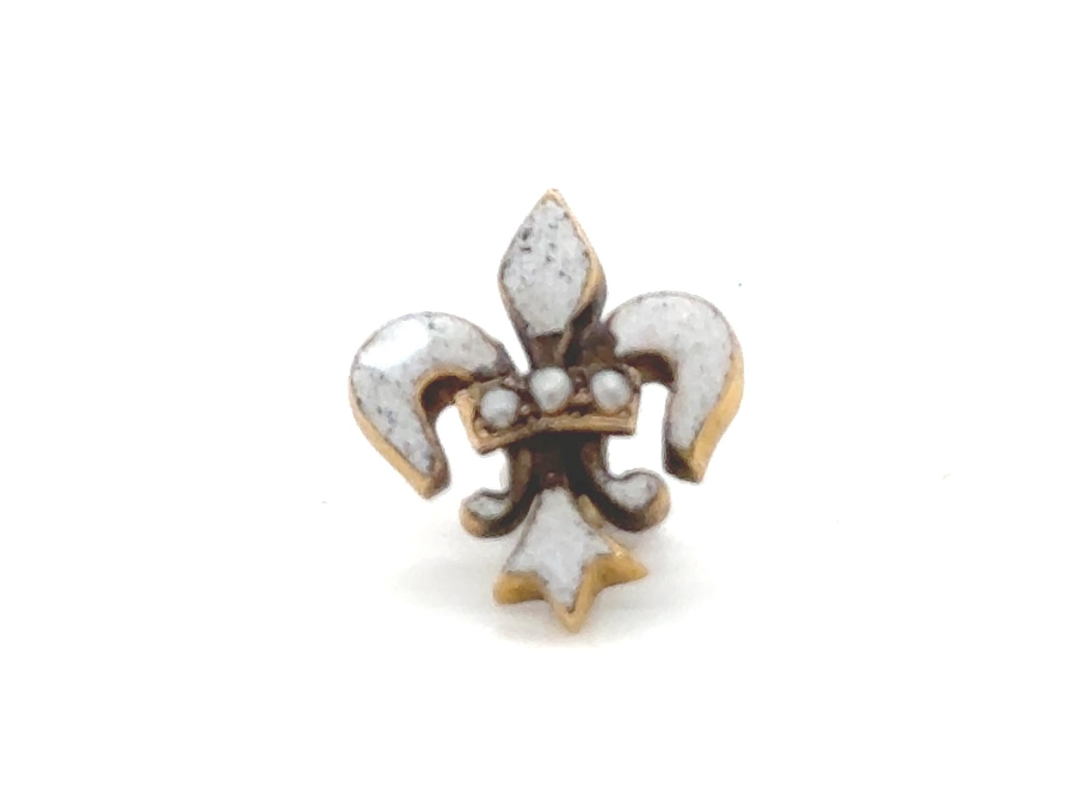 Round Cut Victorian Fleur De Lis Pendant Necklace Enamel Seed Pearl 14K Original 1850's For Sale