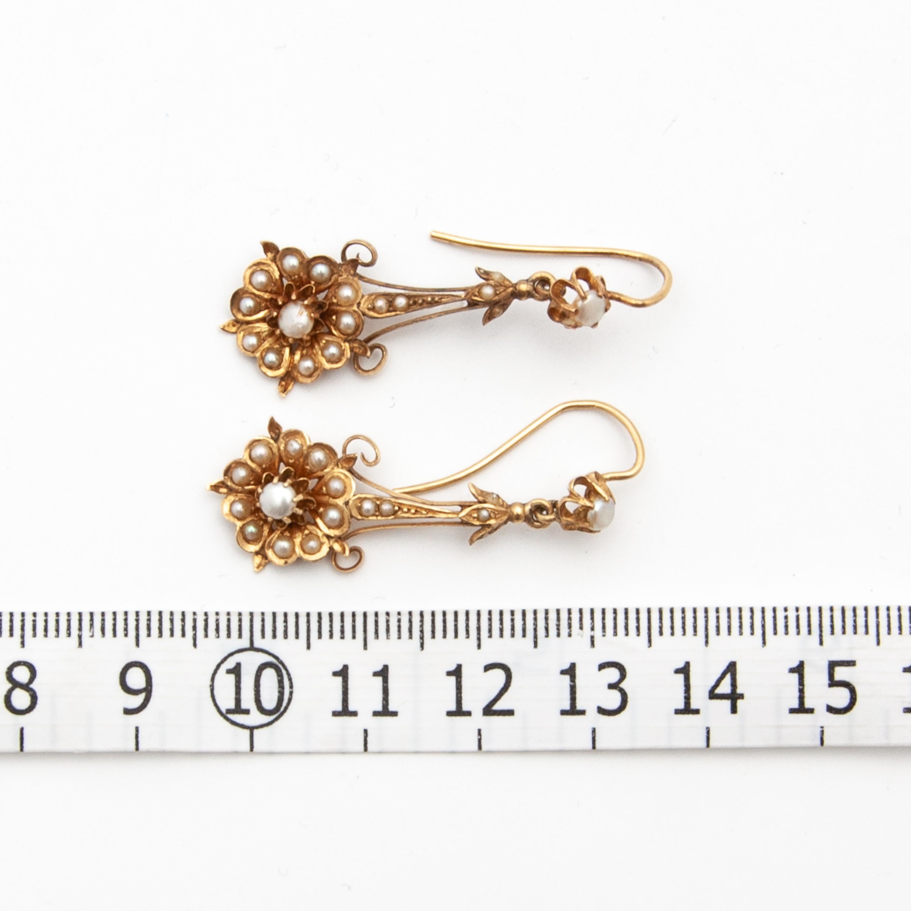 Antique 14K Gold Seed Pearl Floral Dangle Earrings  For Sale 3