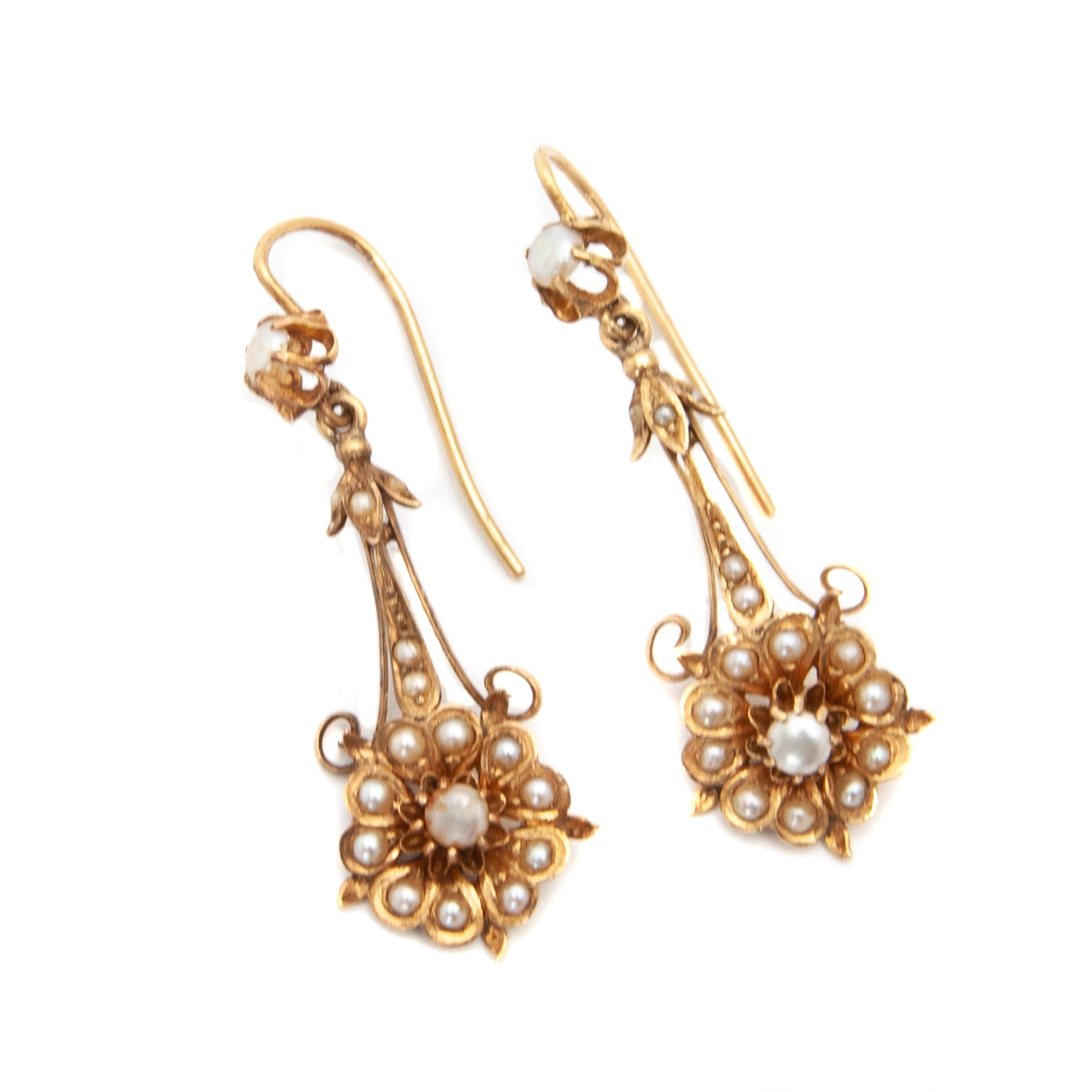 Round Cut Antique 14K Gold Seed Pearl Floral Dangle Earrings  For Sale