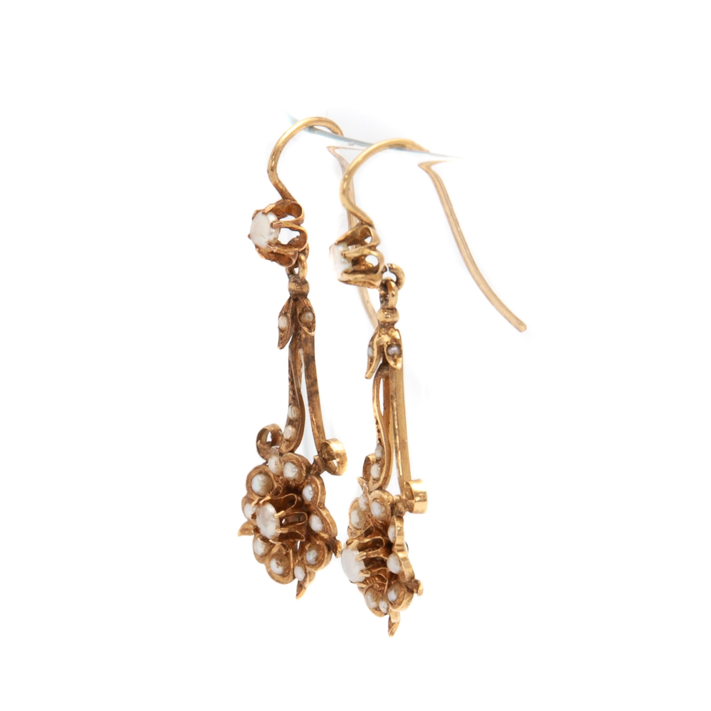Round Cut Antique 14K Gold Seed Pearl Floral Dangle Earrings For Sale