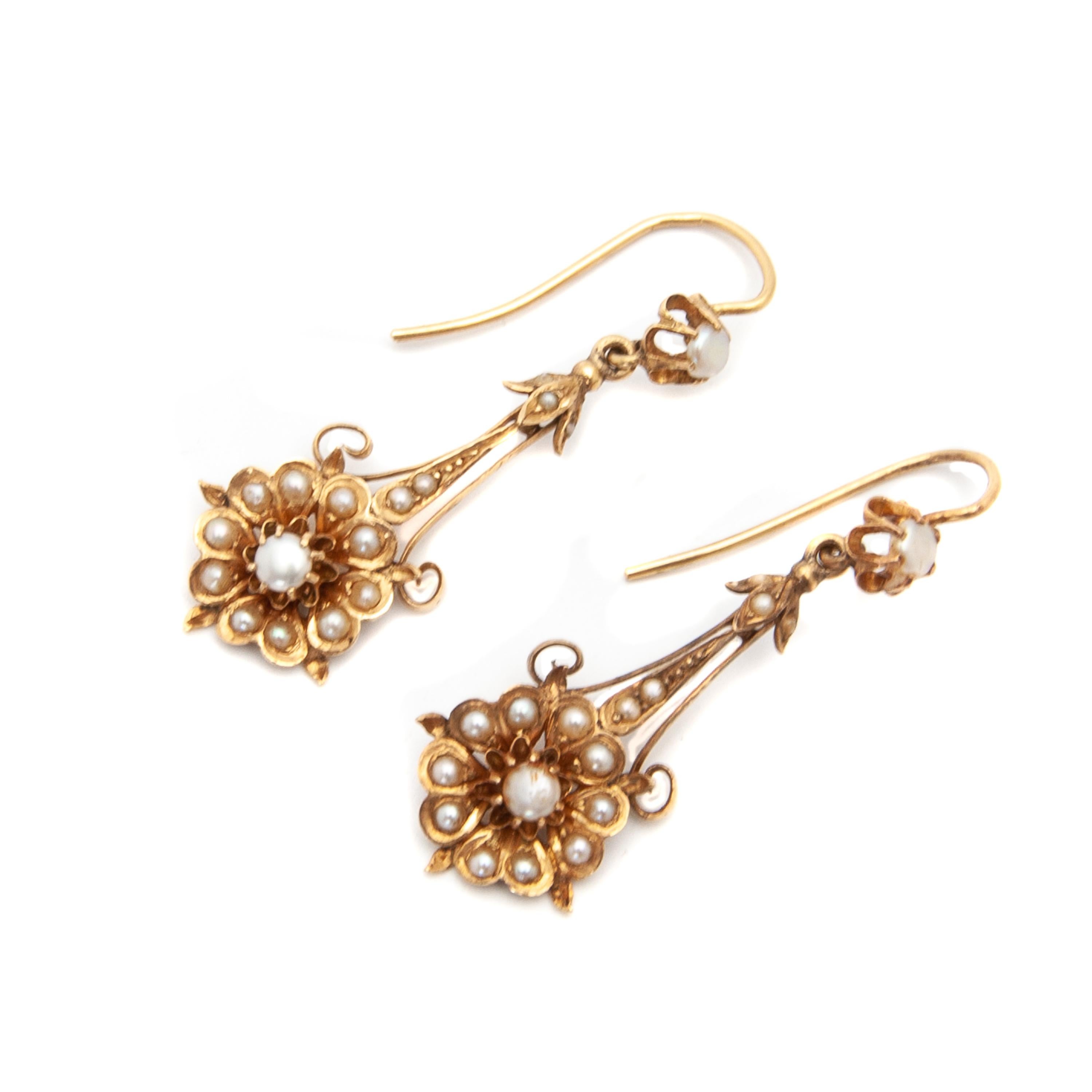 Women's Antique 14K Gold Seed Pearl Floral Dangle Earrings  For Sale