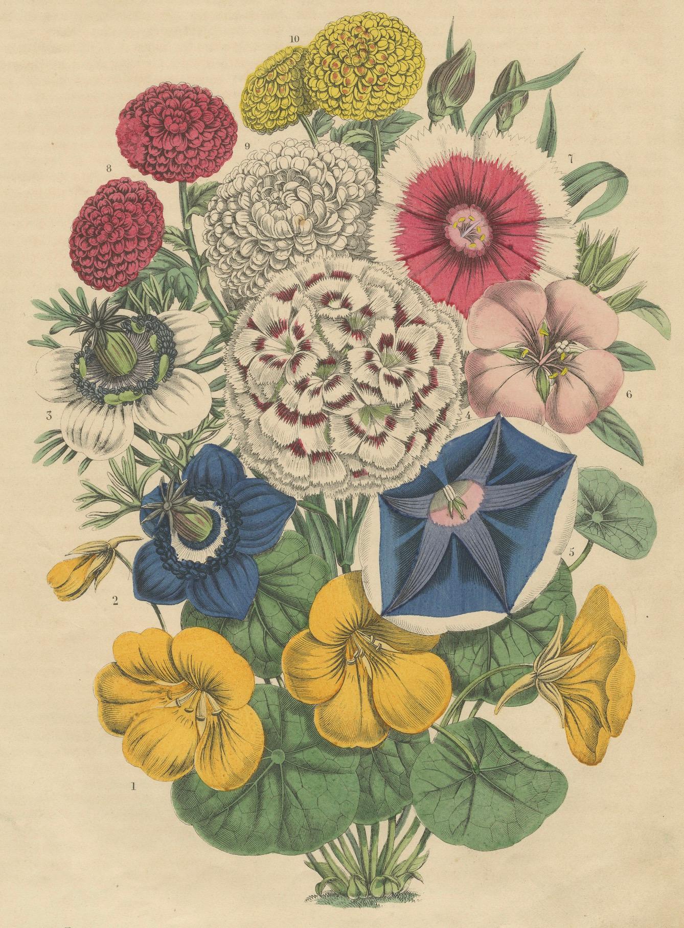 Viktorianischer Blumenstrauß mit Gartenblüten aus dem Book of Worlds, 1863 im Angebot 1