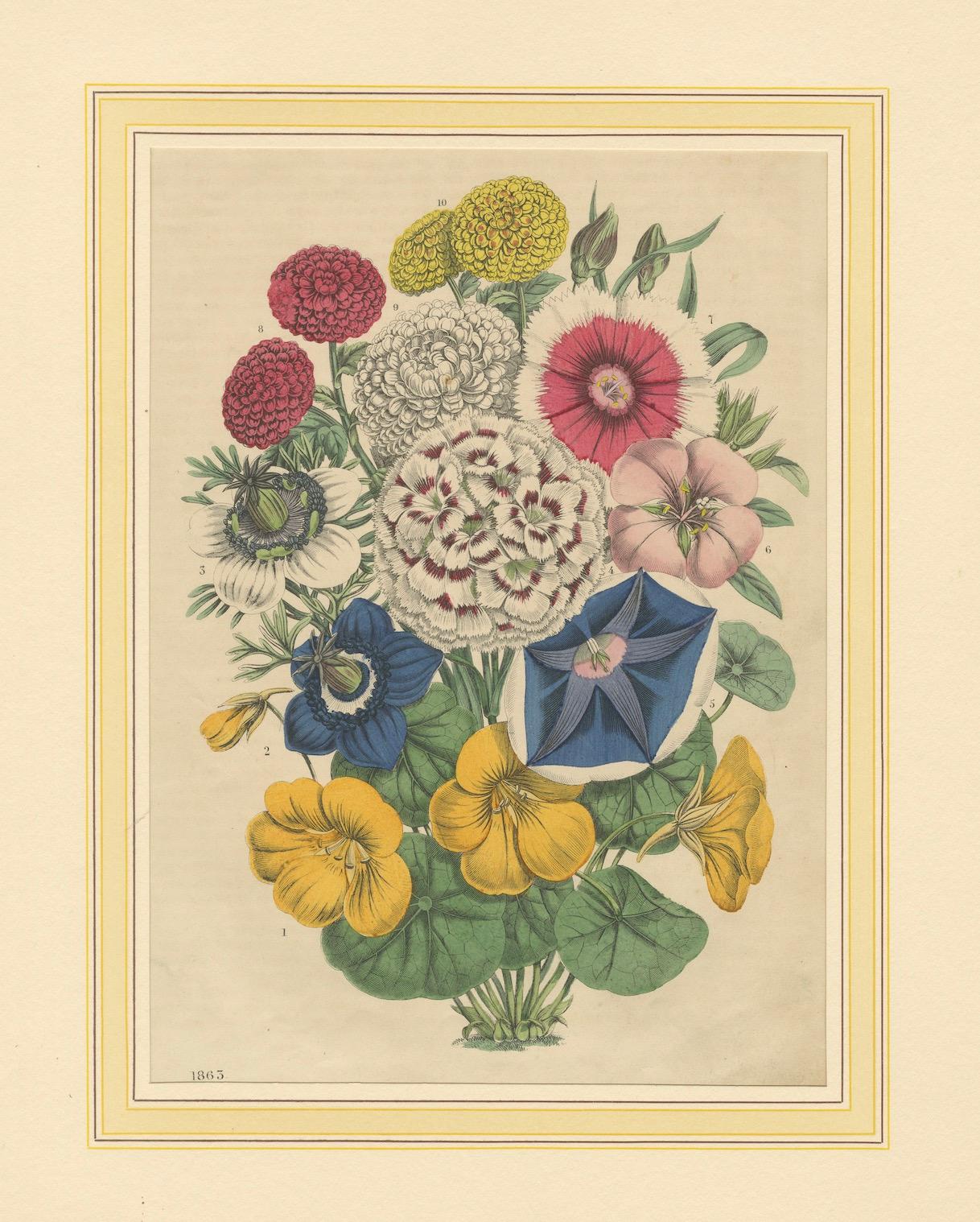 Viktorianischer Blumenstrauß mit Gartenblüten aus dem Book of Worlds, 1863 im Angebot 2