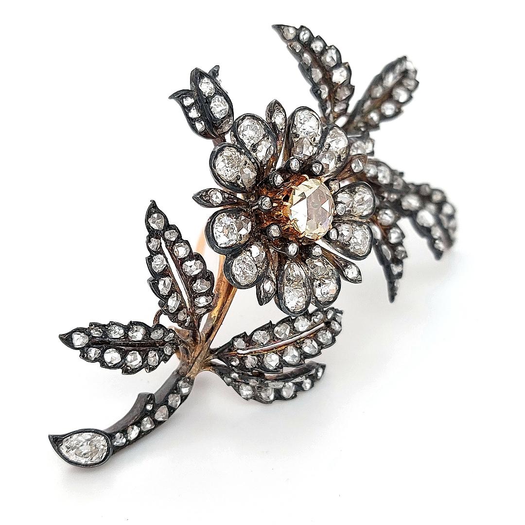 Victorian Floral Brooch in Silver, Gold, 9.3ct Old European & Rose Diamonds 3