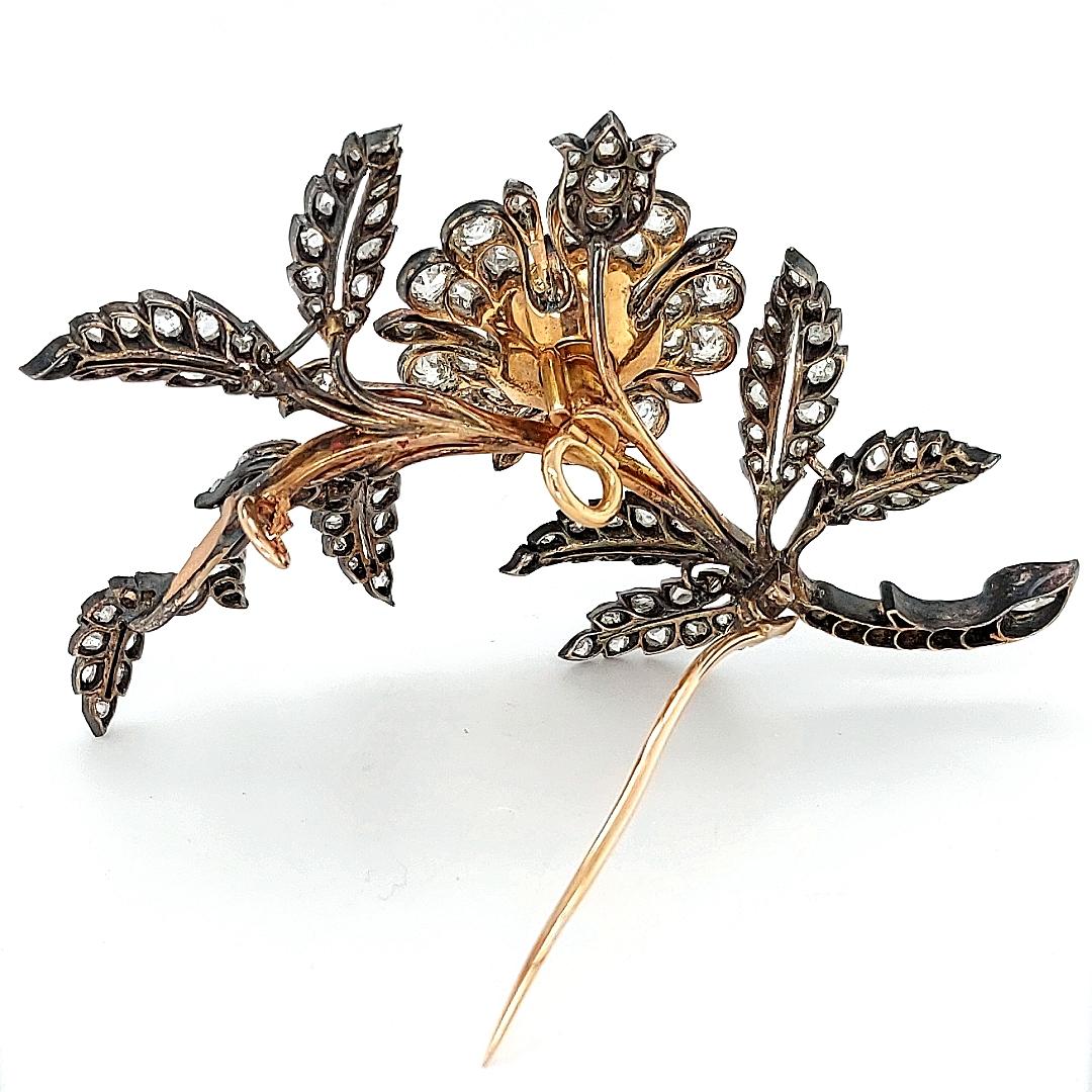 Victorian Floral Brooch in Silver, Gold, 9.3ct Old European & Rose Diamonds 5