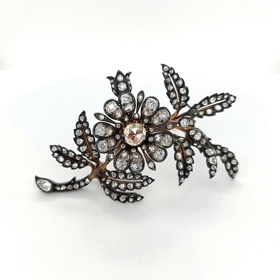 Victorian Floral Brooch in Silver, Gold, 9.3ct Old European & Rose Diamonds 6