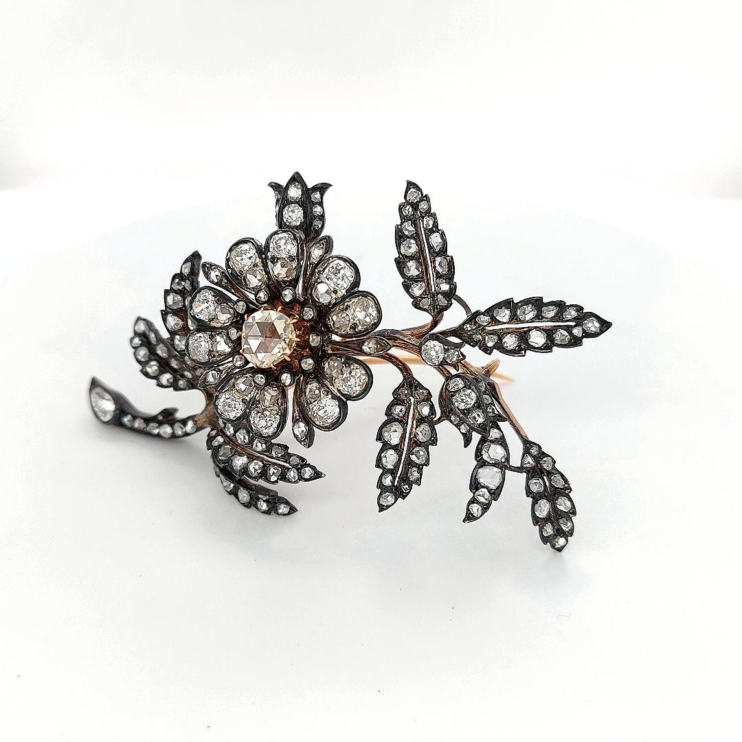 Old European Cut Victorian Floral Brooch in Silver, Gold, 9.3ct Old European & Rose Diamonds