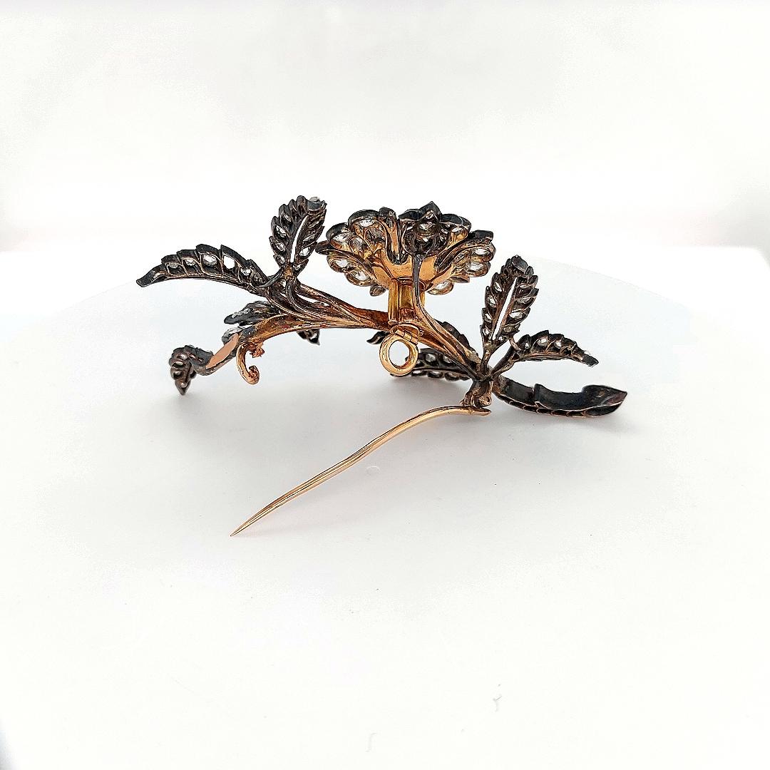 Victorian Floral Brooch in Silver, Gold, 9.3ct Old European & Rose Diamonds 1