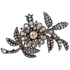 Victorian Floral Brooch in Silver, Gold, 9.3 Carat Old European & Rose Diamonds