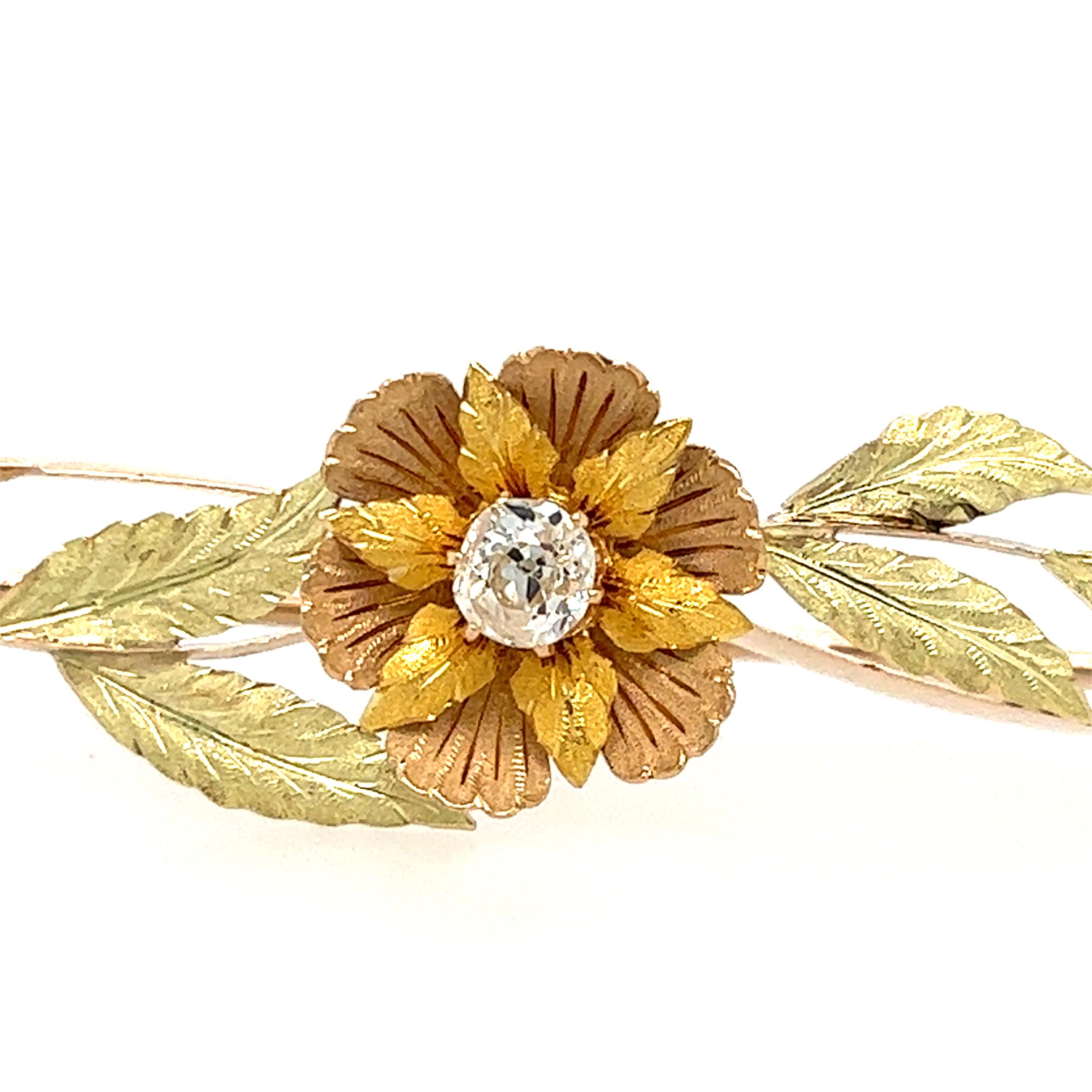 Women's or Men's Victorian Floral Design Diamond Bar Pin in 14 Karat Gold