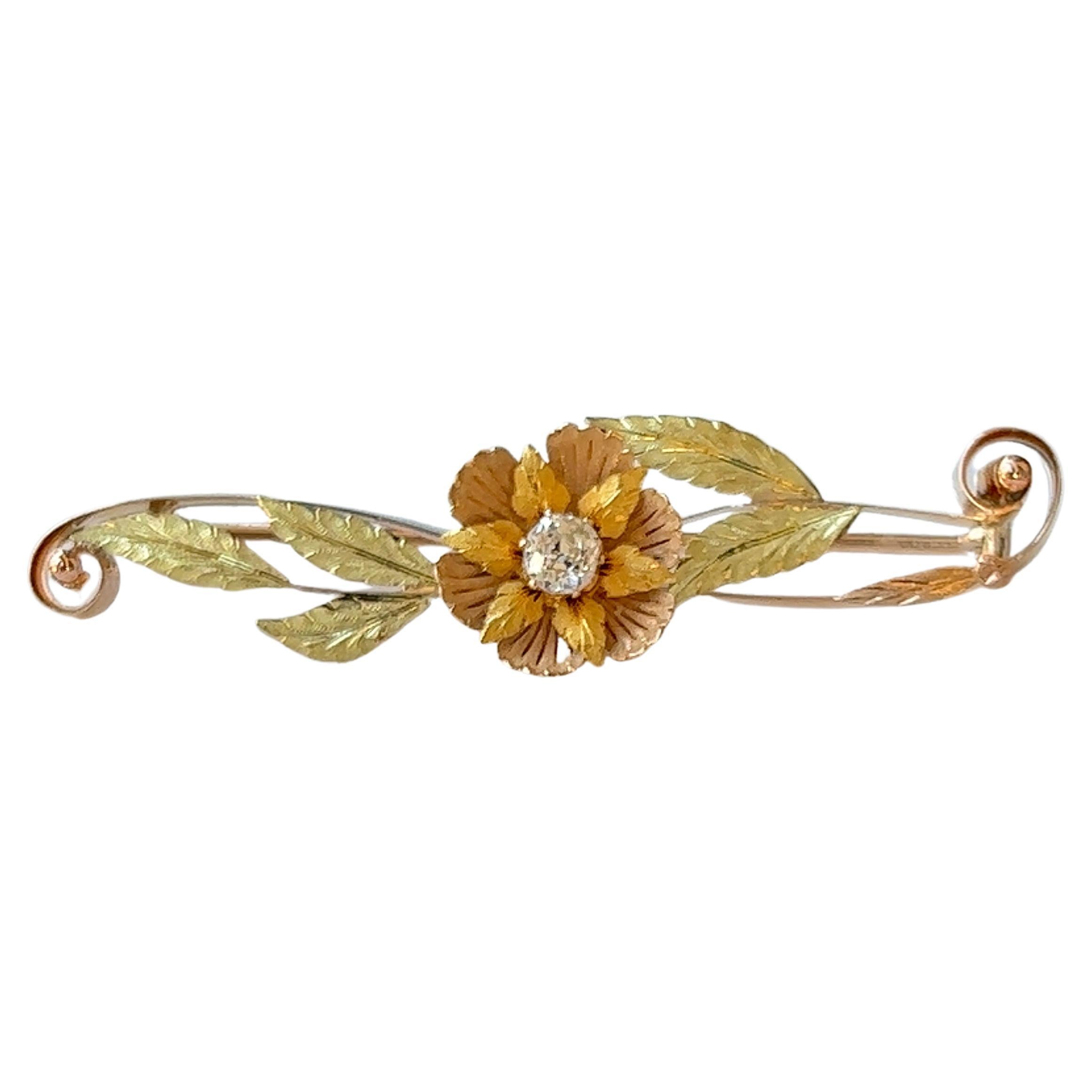 Victorian Floral Design Diamond Bar Pin in 14 Karat Gold