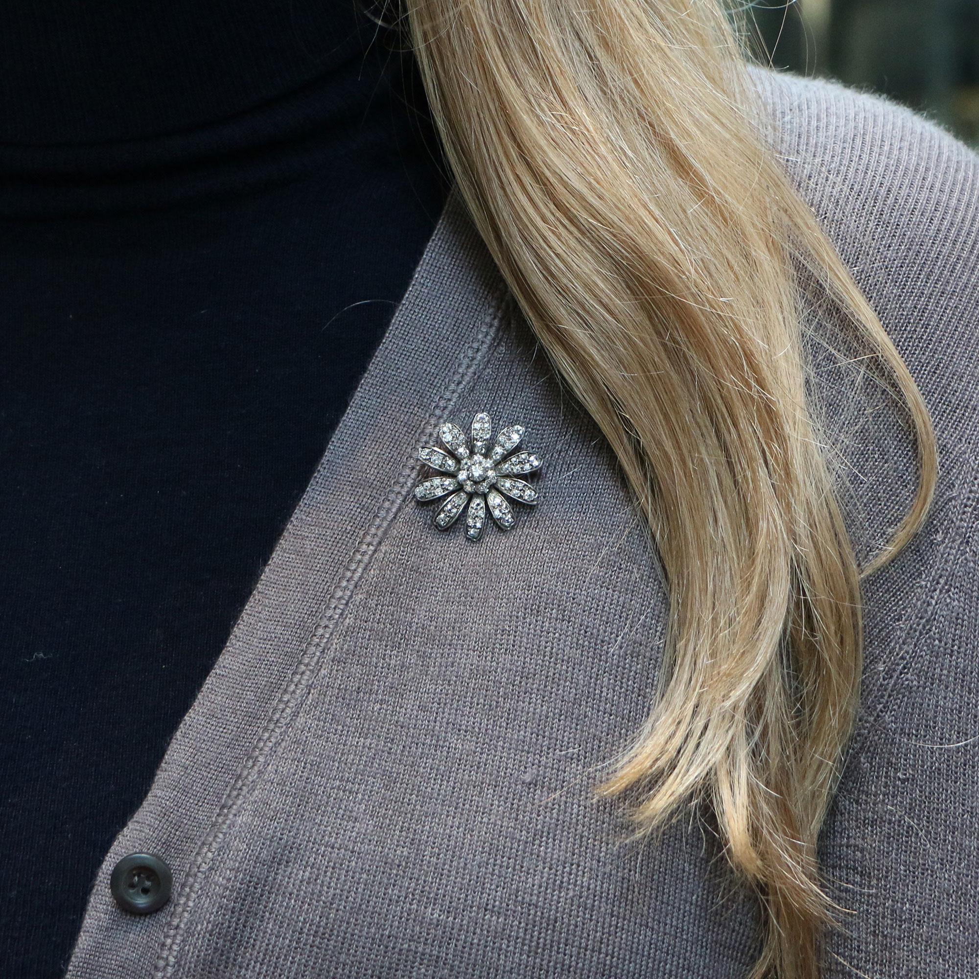 Women's or Men's Victorian Floral Diamond Brooch in Silver and Yellow Gold