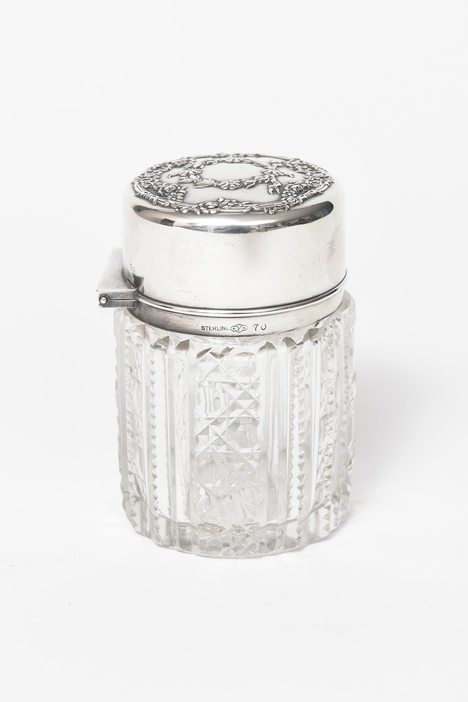 Victorian Floral Garland Sterling Cut Crystal Dresser Vanity Jar Bottle  In Good Condition For Sale In Miami Beach, FL