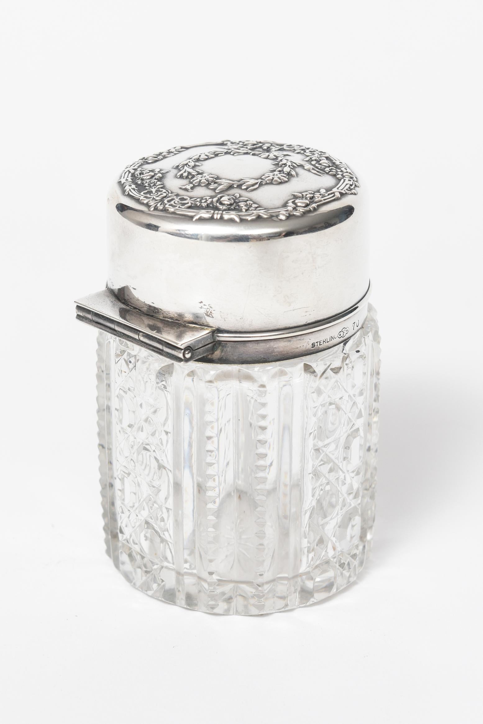 Sterling Silver Victorian Floral Garland Sterling Cut Crystal Dresser Vanity Jar Bottle  For Sale