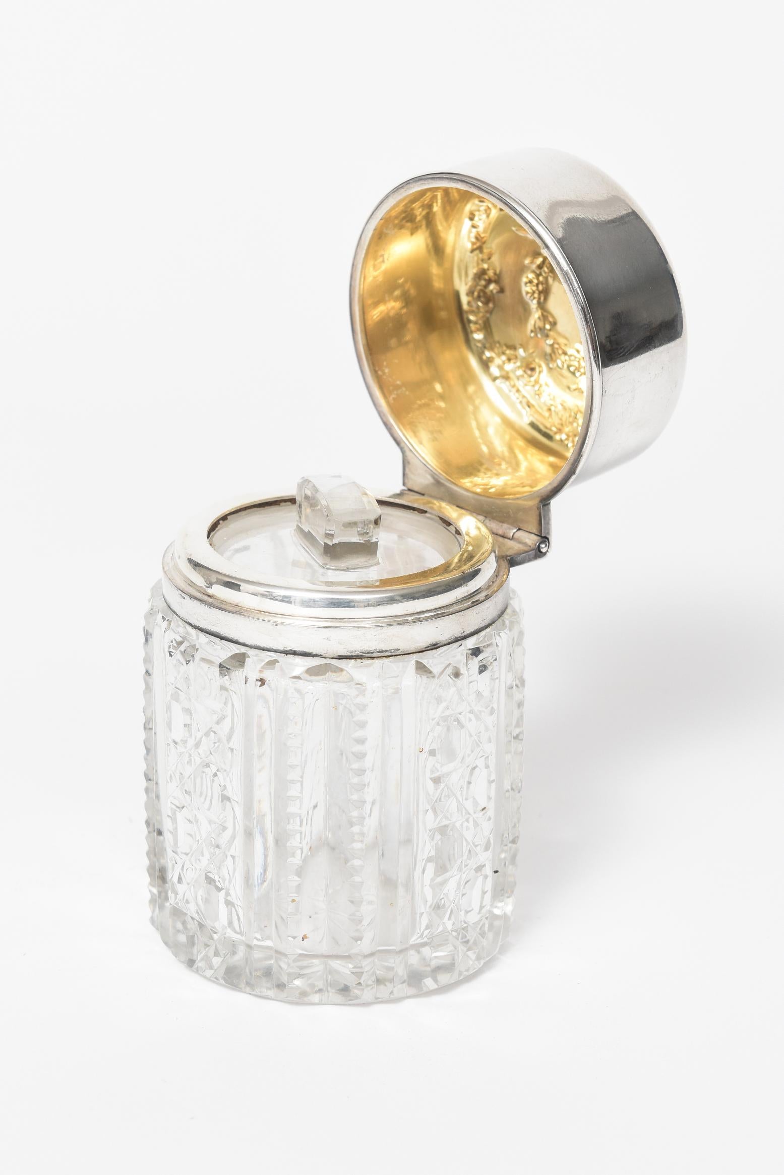 Victorian Floral Garland Sterling Cut Crystal Dresser Vanity Jar Bottle  For Sale 1