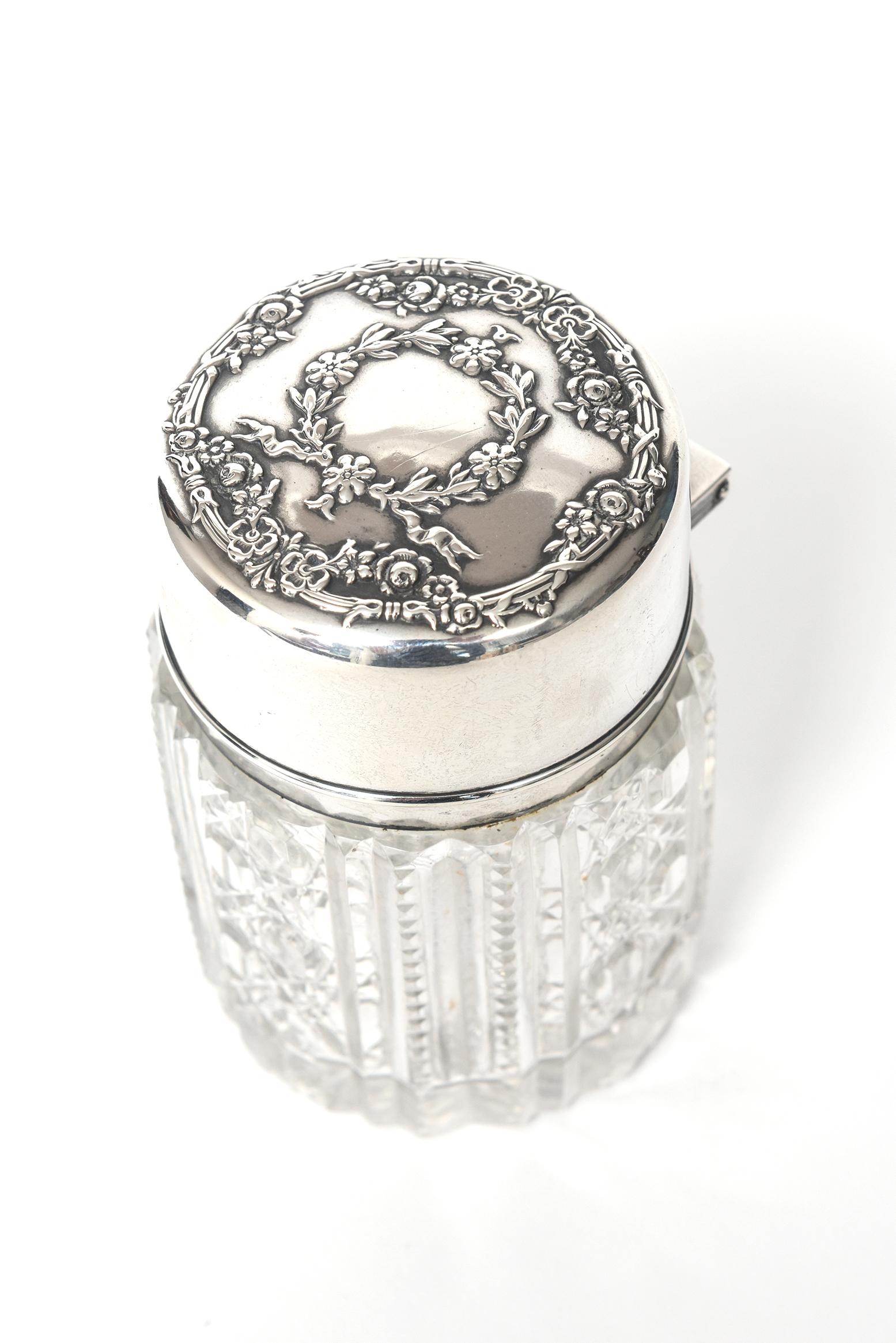 Victorian Floral Garland Sterling Cut Crystal Dresser Vanity Jar Bottle For Sale 2