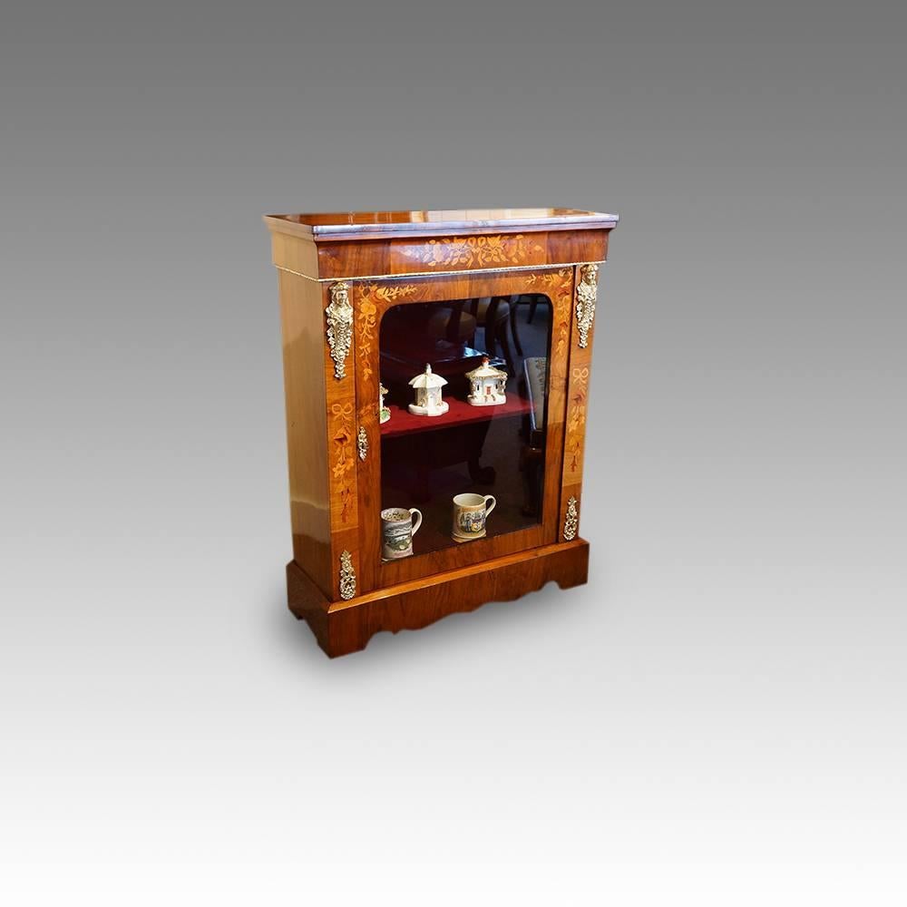 Victorian floral inlaid pier cabinet
This Victorian floral inlaid pier cabinet is a fine example.
Having a glazed door, that opens to allow you to place your precious items in for display.
This cabinet is constructed in walnut, and then with
