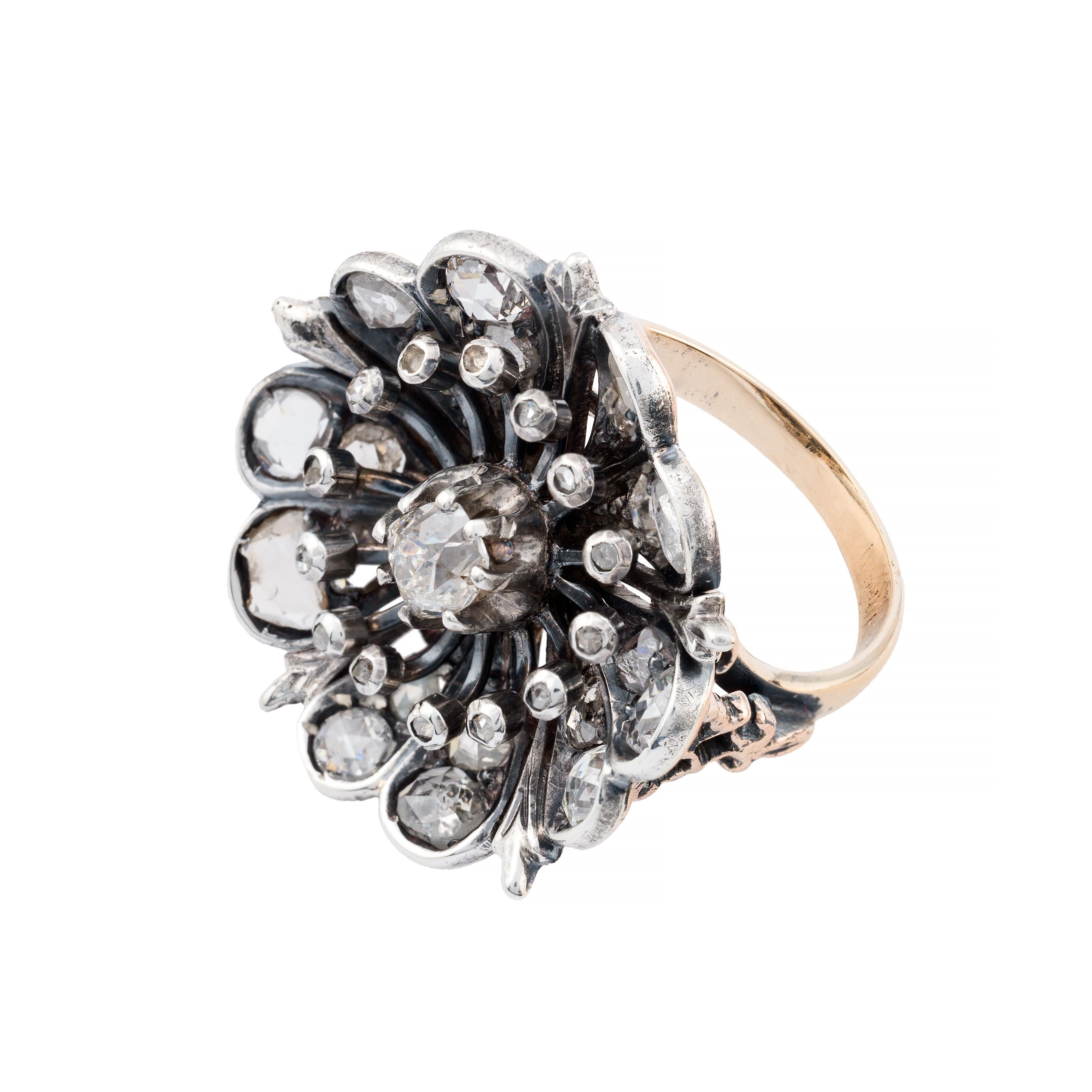 Old Mine Cut Victorian Floral Motif Mine & Rose Cut Diamond Ring in 14K Yellow Gold For Sale
