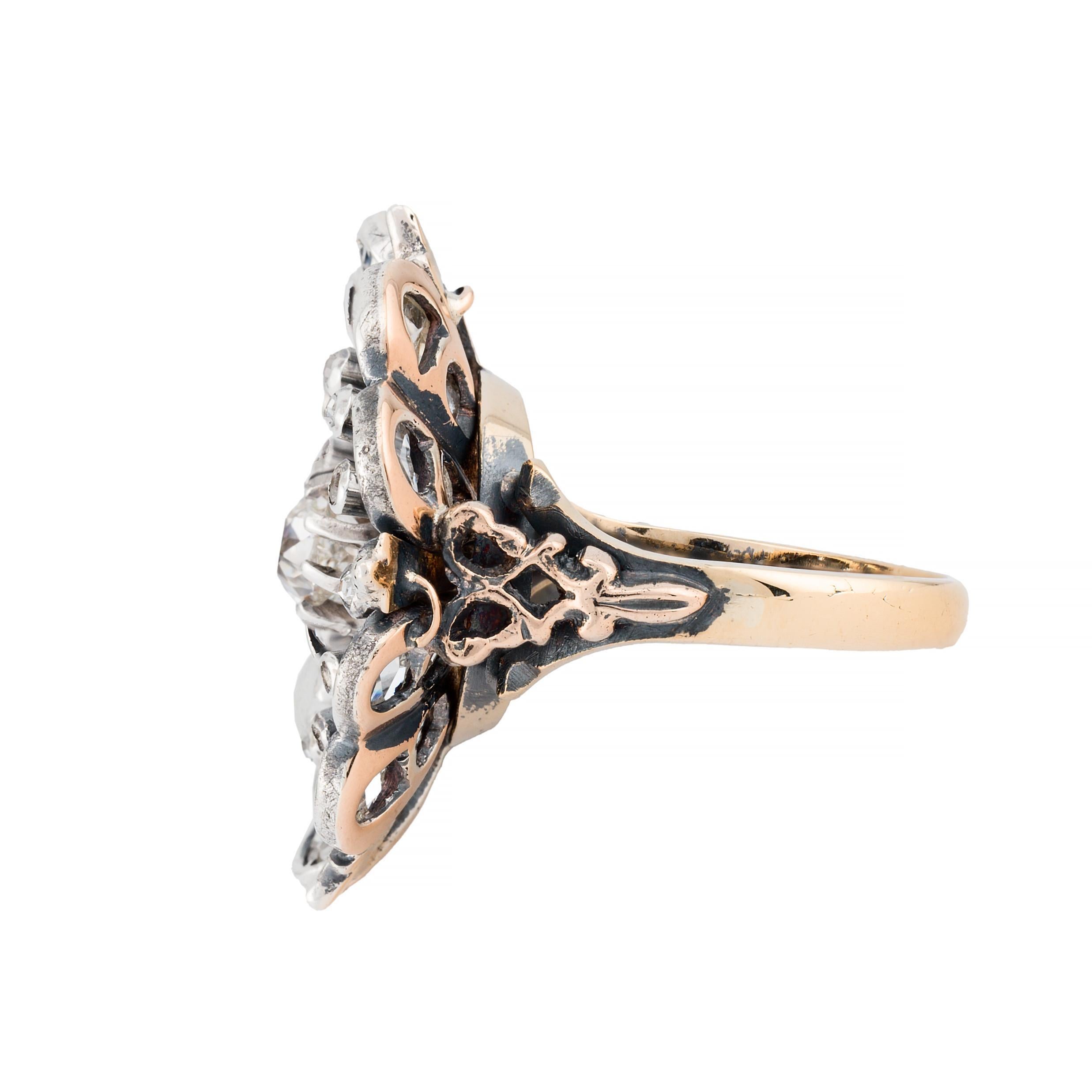 Women's Victorian Floral Motif Mine & Rose Cut Diamond Ring in 14K Yellow Gold For Sale