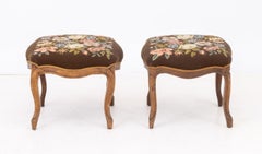 Victorian Floral Needlepoint Walnut Footstools, 2