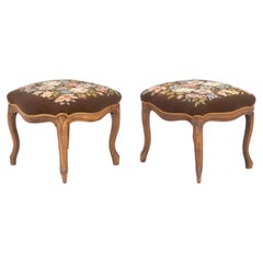 Victorian Floral Needlepoint Walnut Footstools, 2