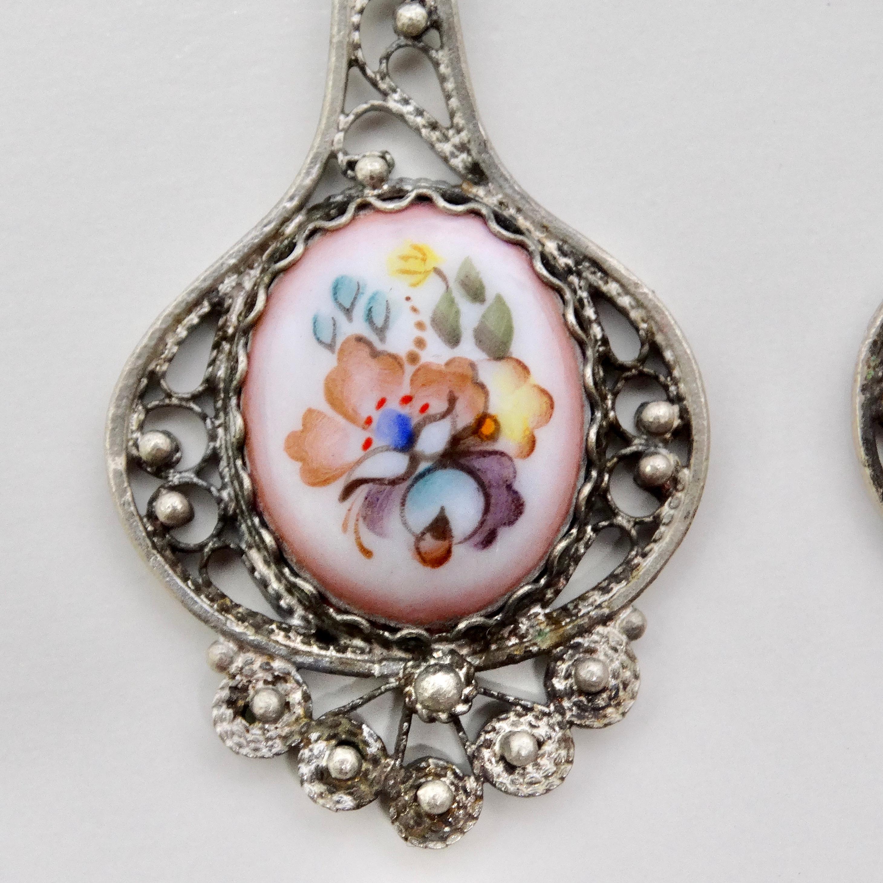 Women's or Men's Victorian Floral Porcelain Dangle Earrings For Sale