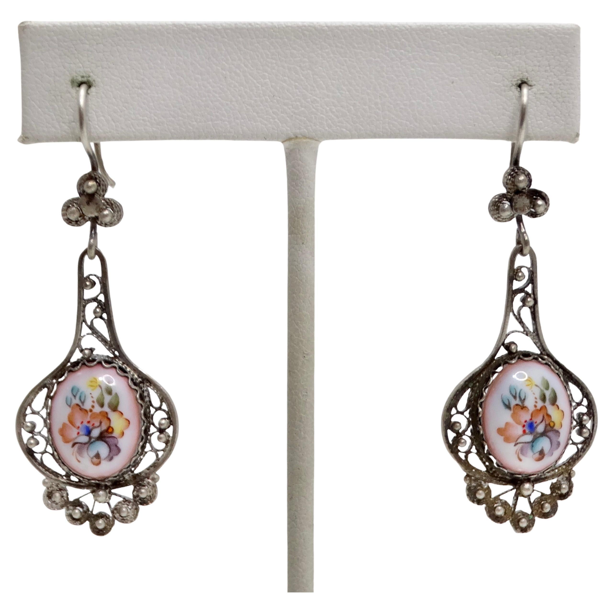 Victorian Floral Porcelain Dangle Earrings For Sale