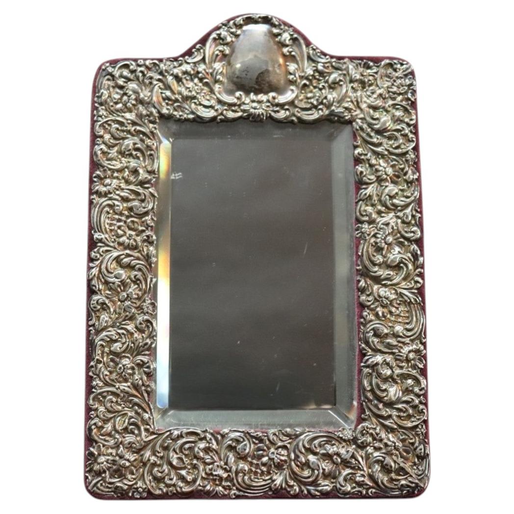 Victorian Floral Repousse Embossed Sterling Silver Dresser Mirror c1900