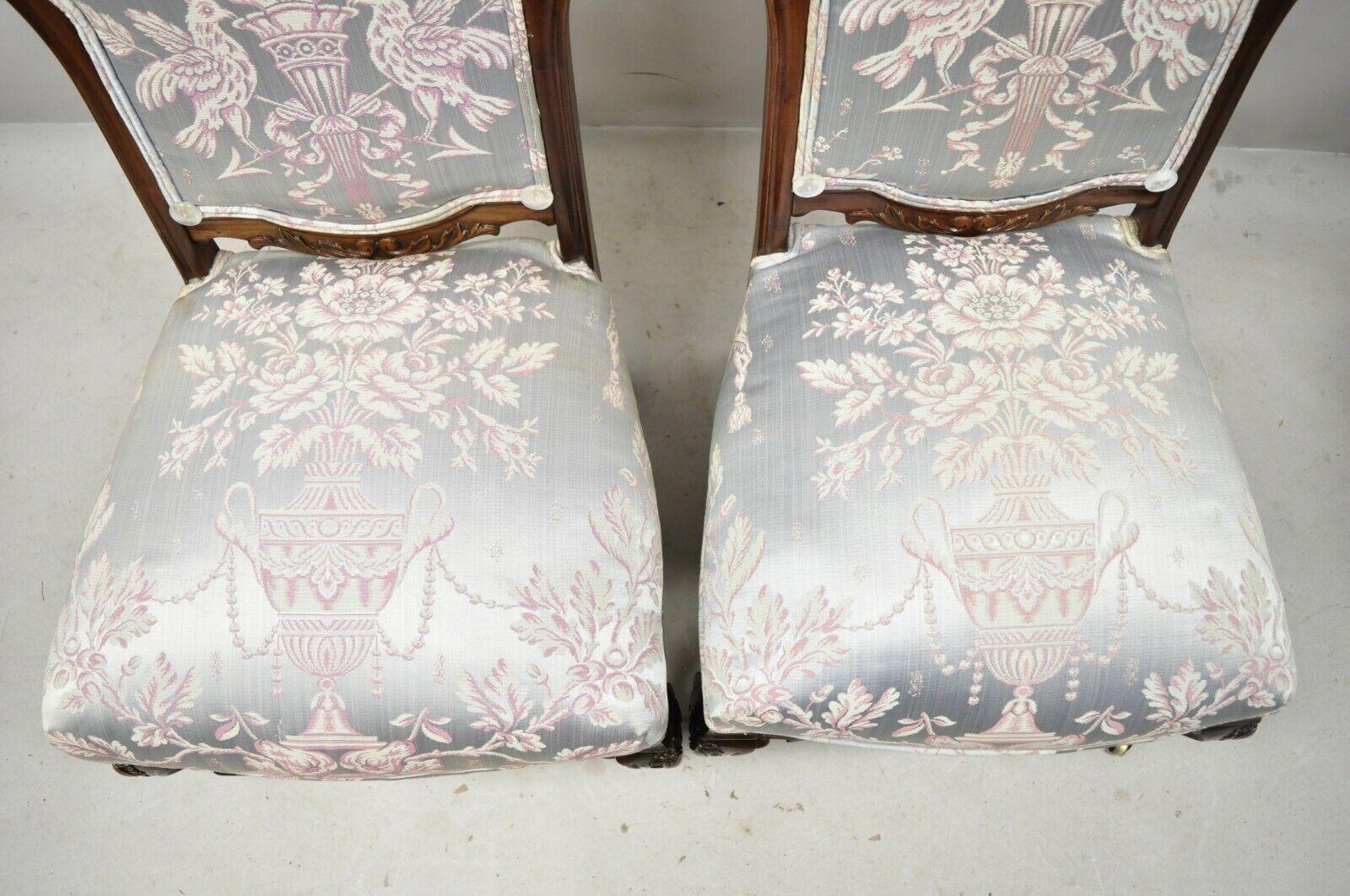 Fabric Victorian Floral Scrollwork Carved Mahogany Parlor Slipper Side Chairs - a Pair For Sale