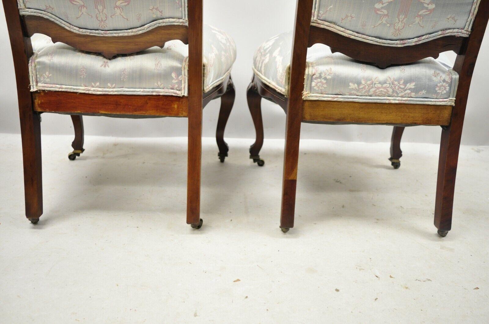 Victorian Floral Scrollwork Carved Mahogany Parlor Slipper Side Chairs - a Pair For Sale 3
