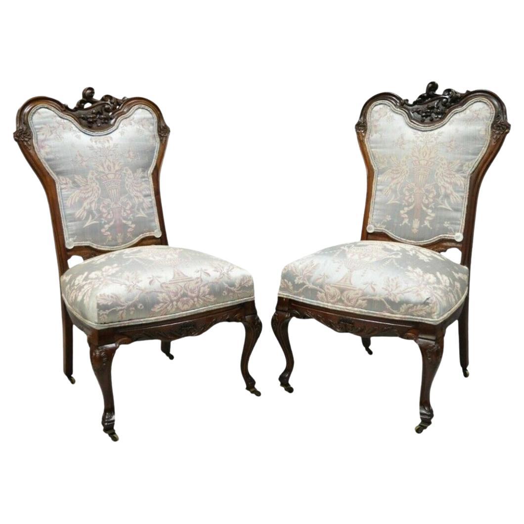 Victorian Floral Scrollwork Carved Mahogany Parlor Slipper Side Chairs - a Pair For Sale