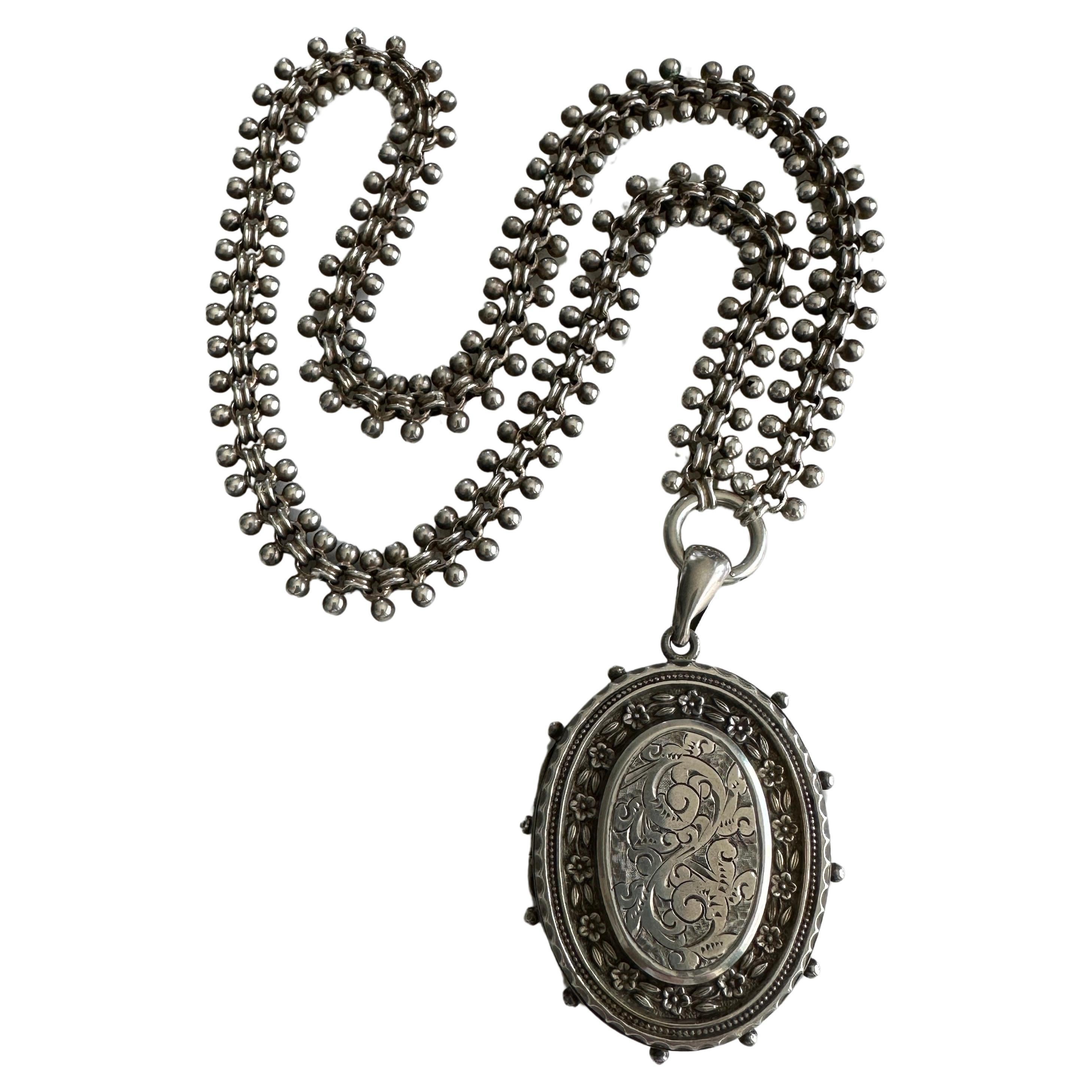 Victorian Floral Silver Locket & Book Chain Aesthetic Movement