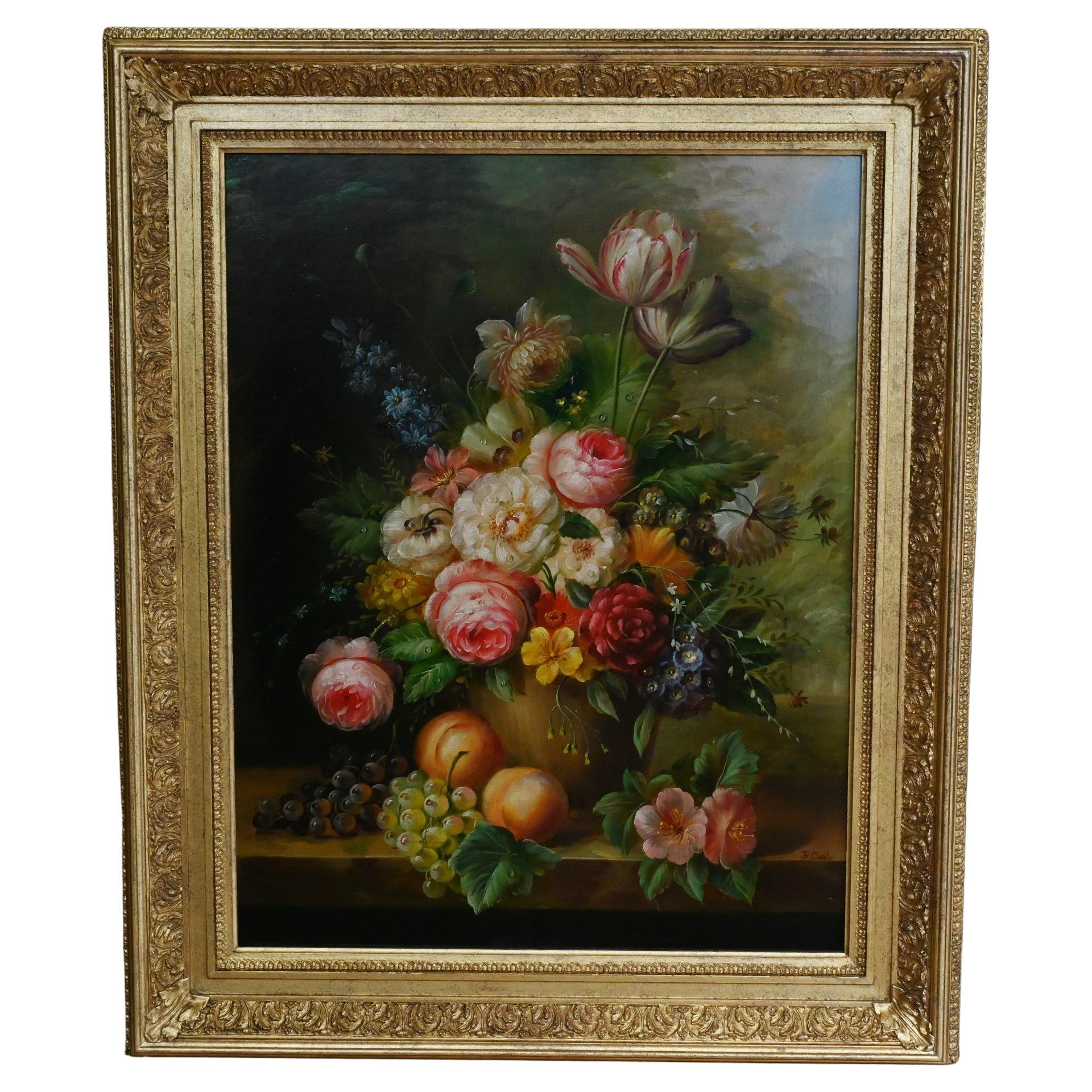 Nature morte florale victorienne Peinture à l'huile Vaporisateur de fleurs